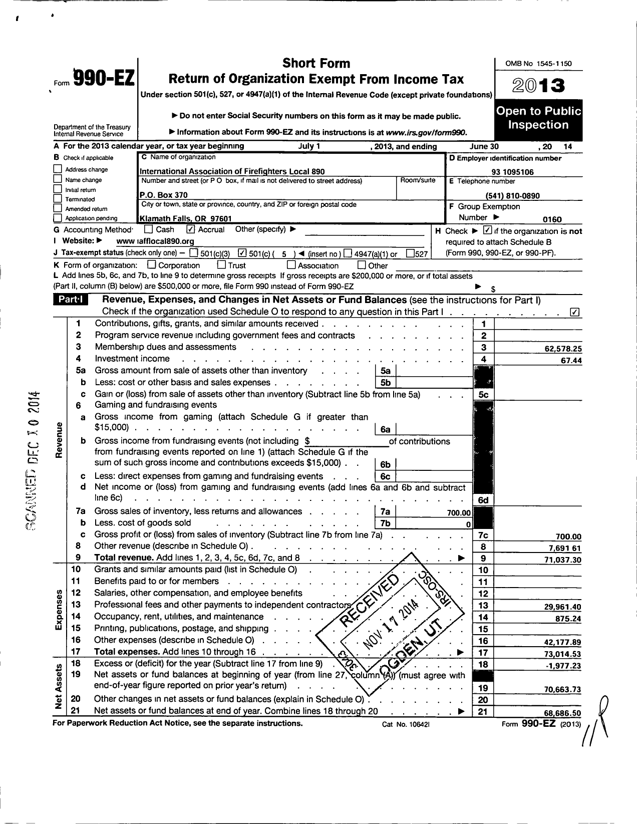 Image of first page of 2013 Form 990EO for International Association of Firefighters Local 890