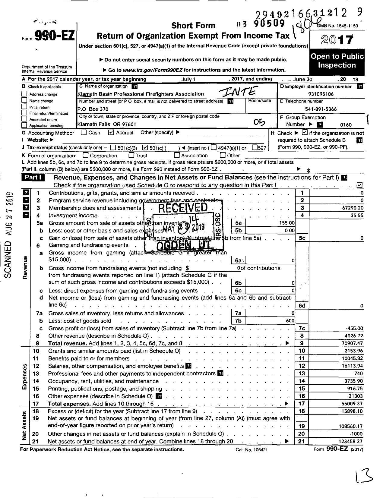 Image of first page of 2017 Form 990EO for International Association of Firefighters Local 890