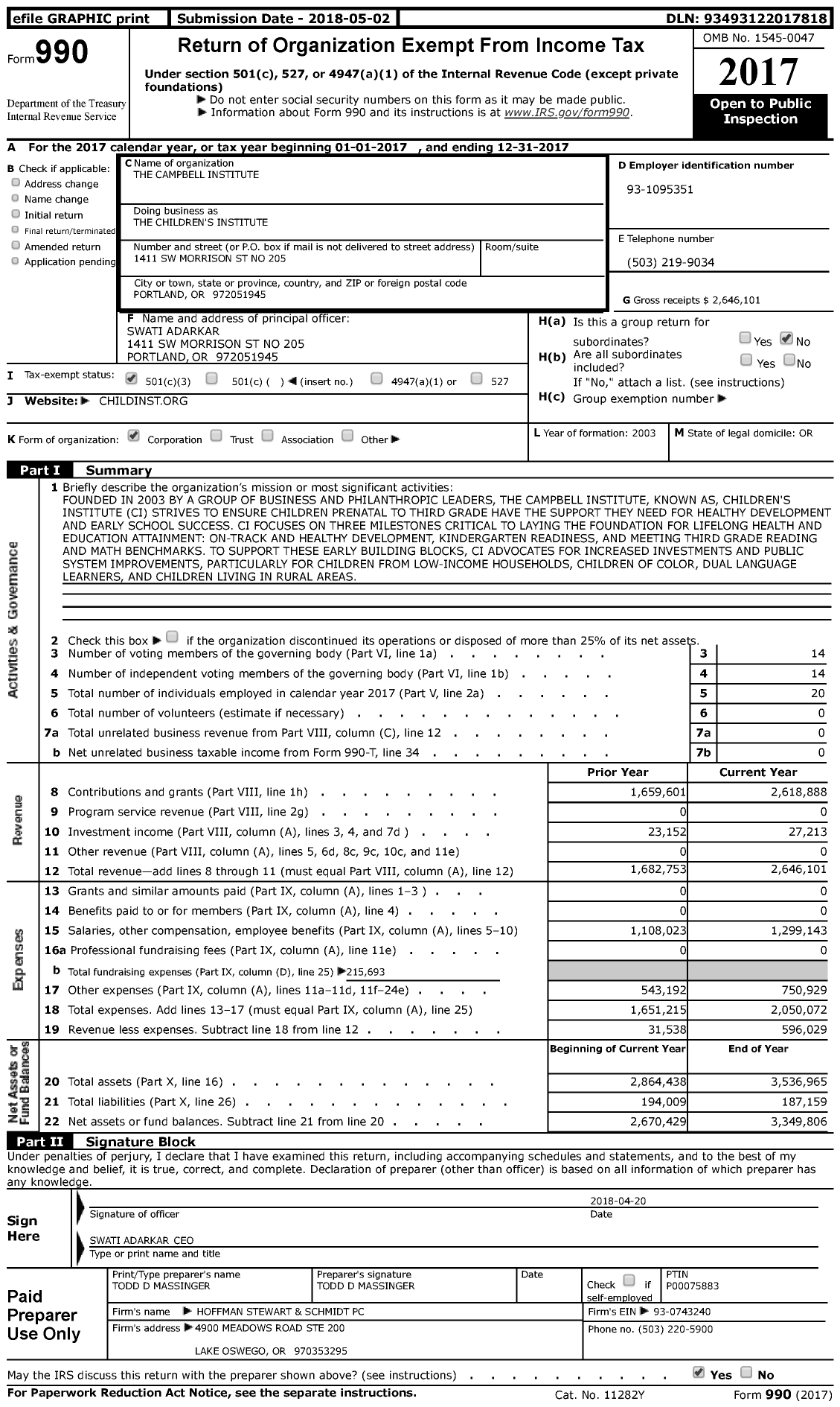 Image of first page of 2017 Form 990 for Children's Institute