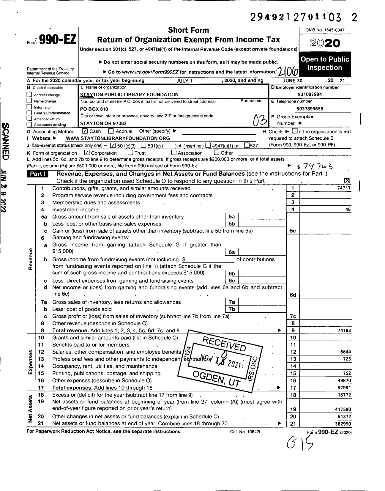 Image of first page of 2020 Form 990EZ for Stayton Public Library Foundation