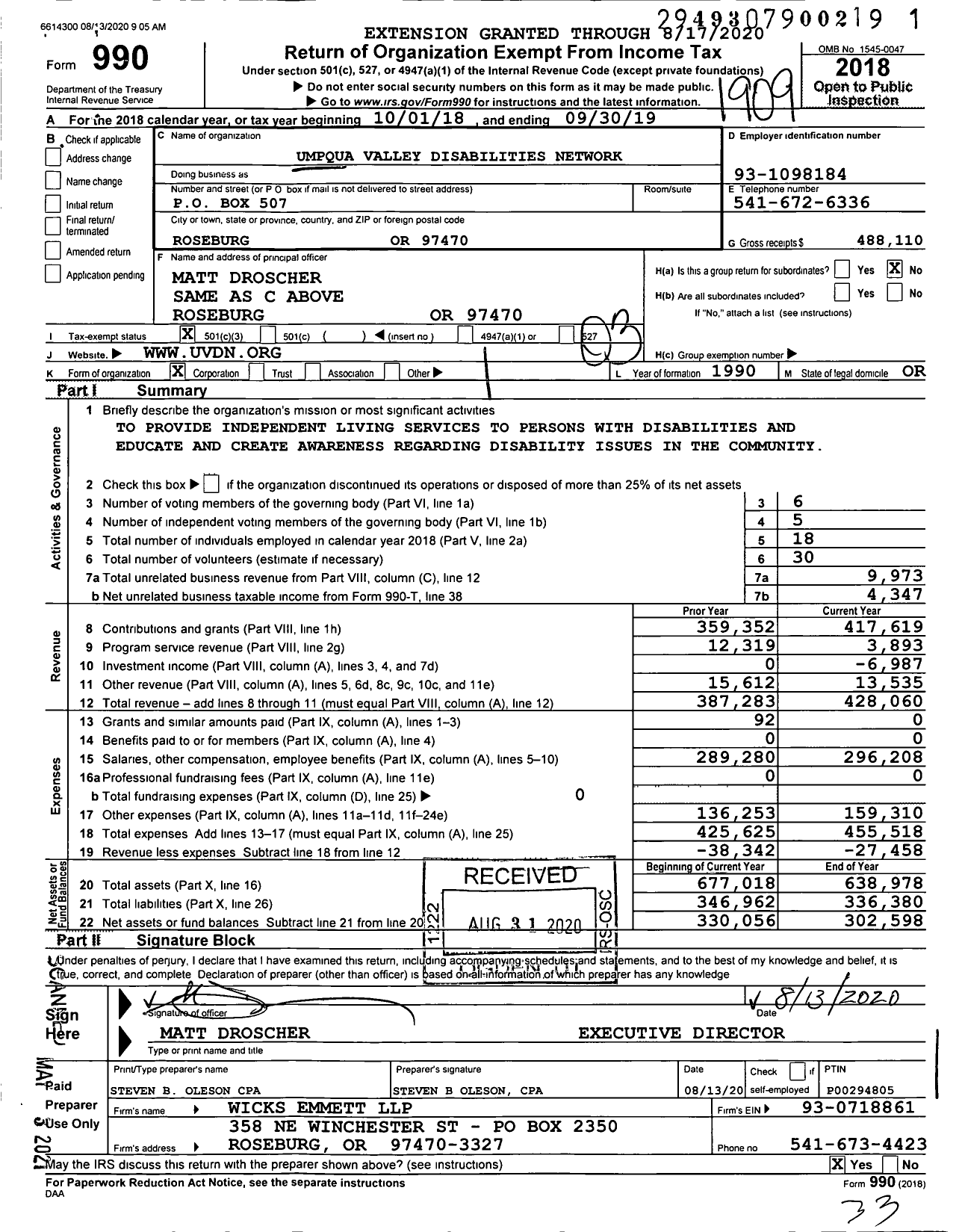 Image of first page of 2018 Form 990 for Umpqua Valley Disabilities Network