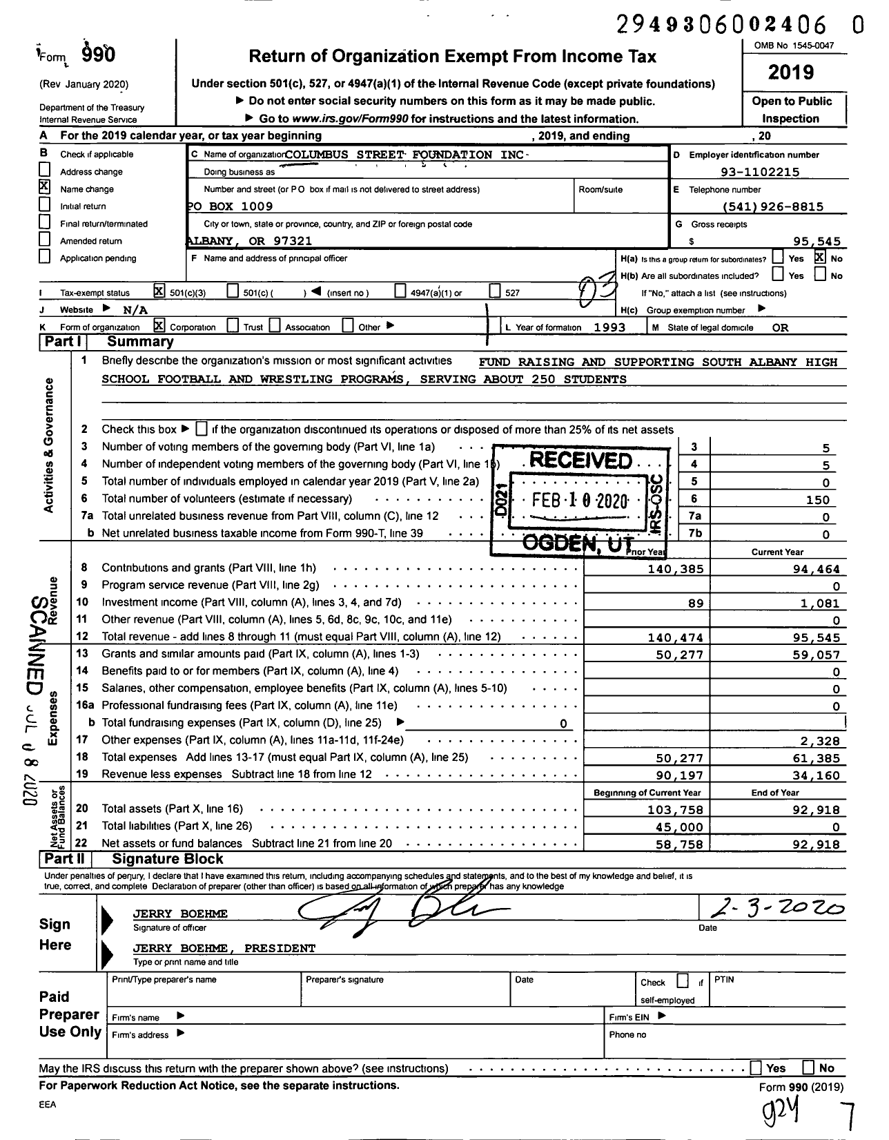 Image of first page of 2019 Form 990 for Columbus Street Foundation