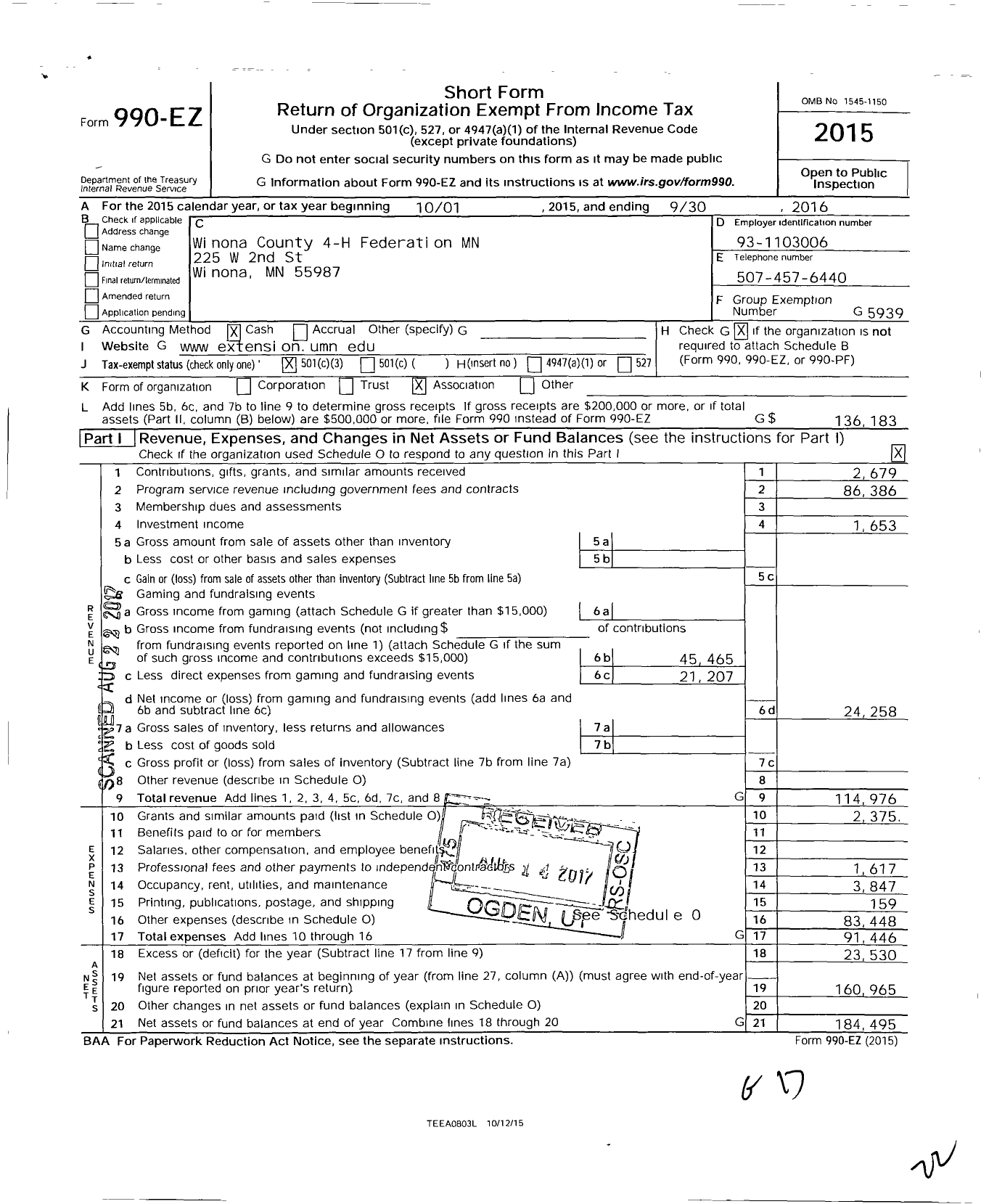 Image of first page of 2015 Form 990EZ for Winona County 4-H Federation MN