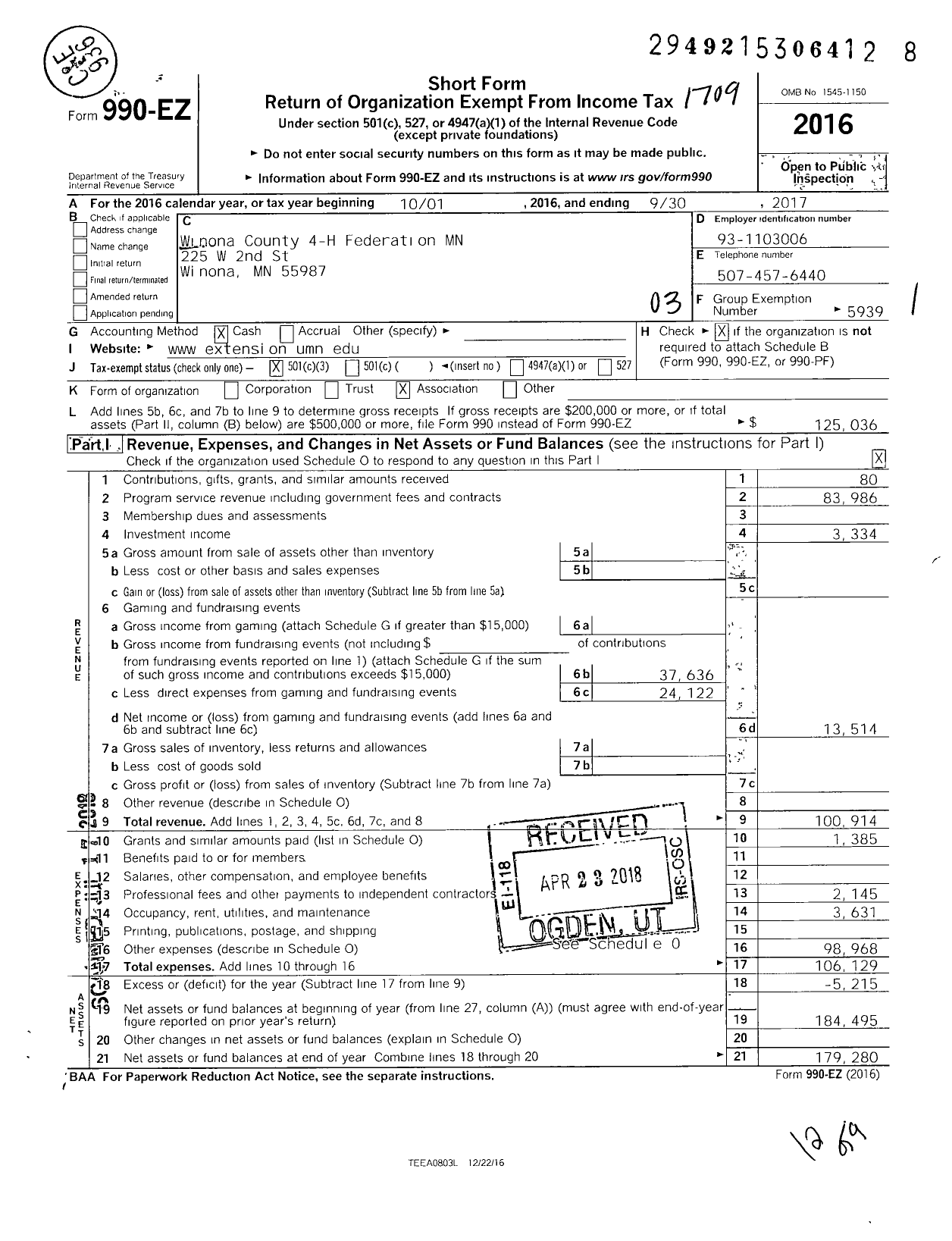 Image of first page of 2016 Form 990EZ for Winona County 4-H Federation MN