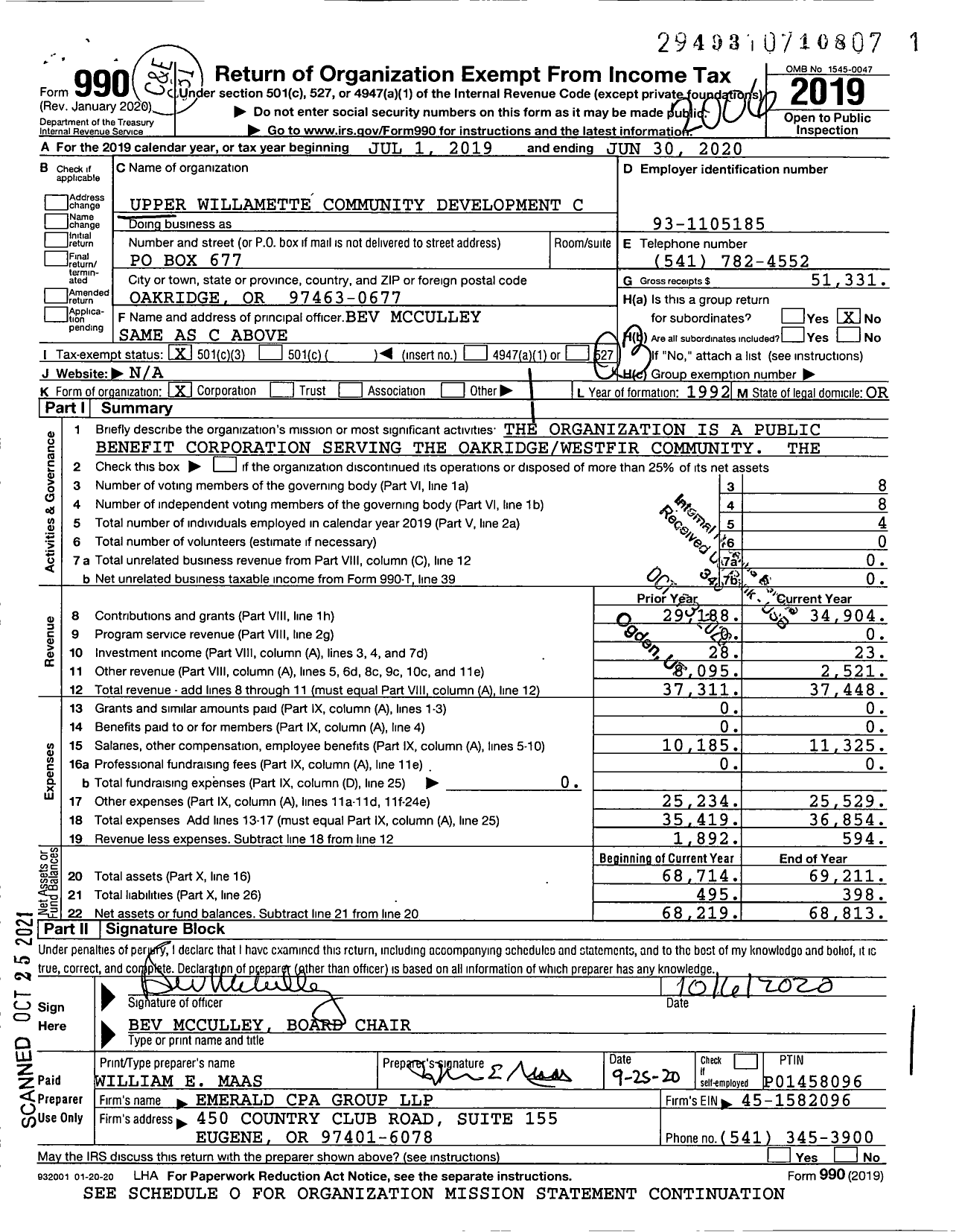 Image of first page of 2019 Form 990 for Upper Willamette Community Development Corporation