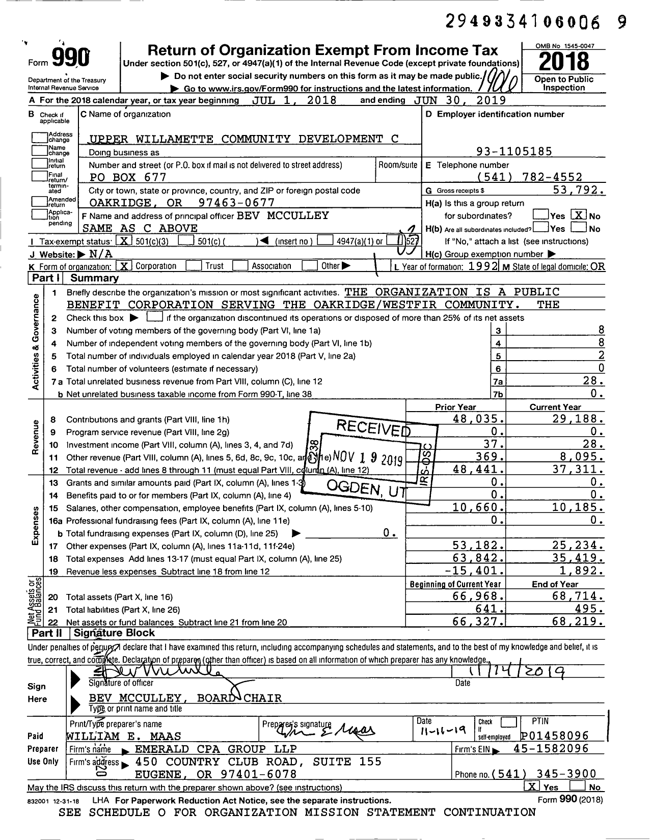 Image of first page of 2018 Form 990 for Upper Willamette Community Development Corporation