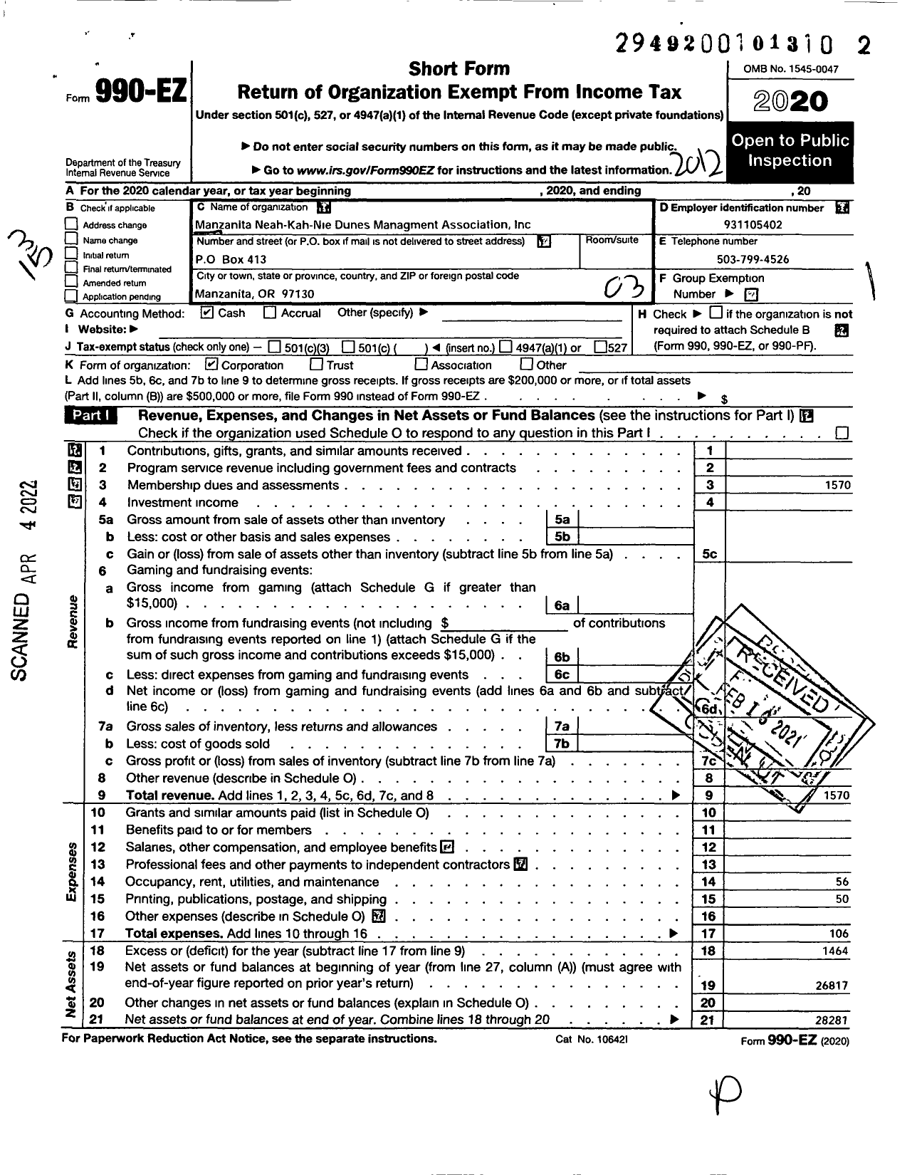 Image of first page of 2020 Form 990EZ for Manzanita-Neah-Kah-Nie Dunes Management Association