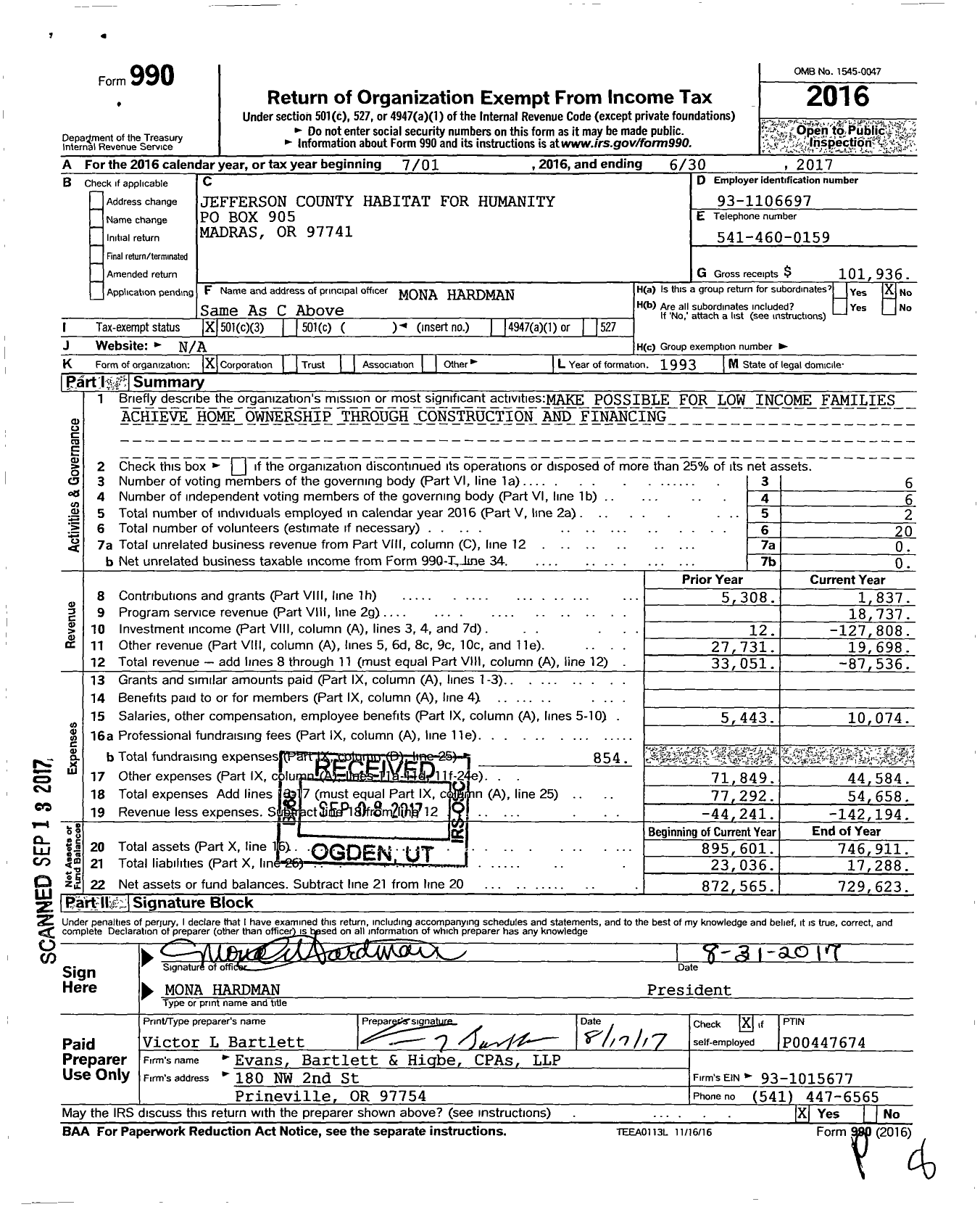 Image of first page of 2016 Form 990 for Habitat for Humanity - Jefferson County HFH