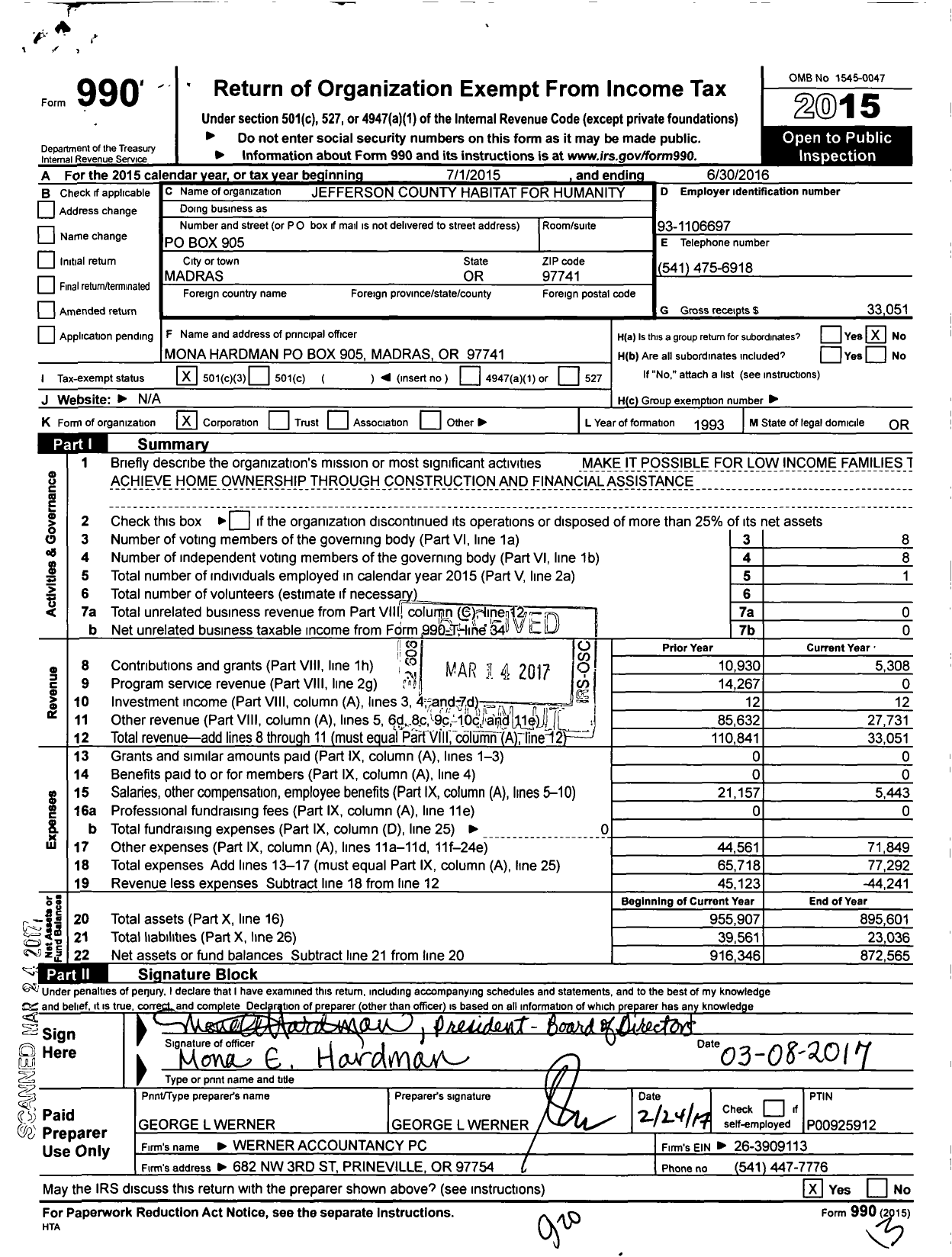 Image of first page of 2015 Form 990 for Habitat for Humanity - Jefferson County HFH