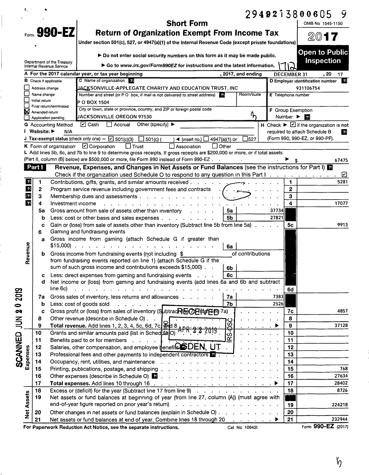Image of first page of 2017 Form 990EZ for Jacksonville-Applegate Community Education Trust