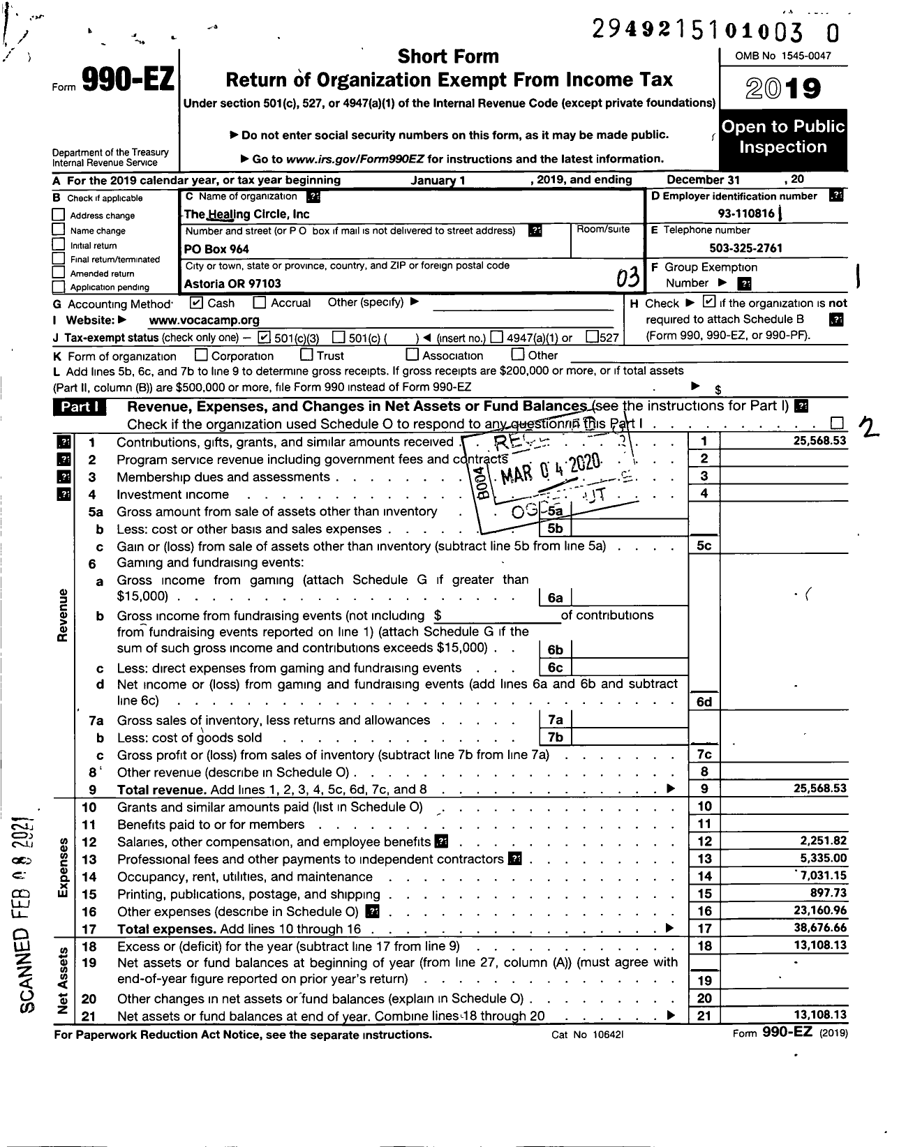 Image of first page of 2019 Form 990EZ for The Healing Circle