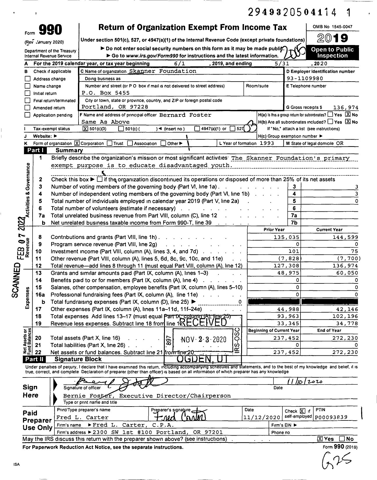 Image of first page of 2019 Form 990 for Skanner Foundation