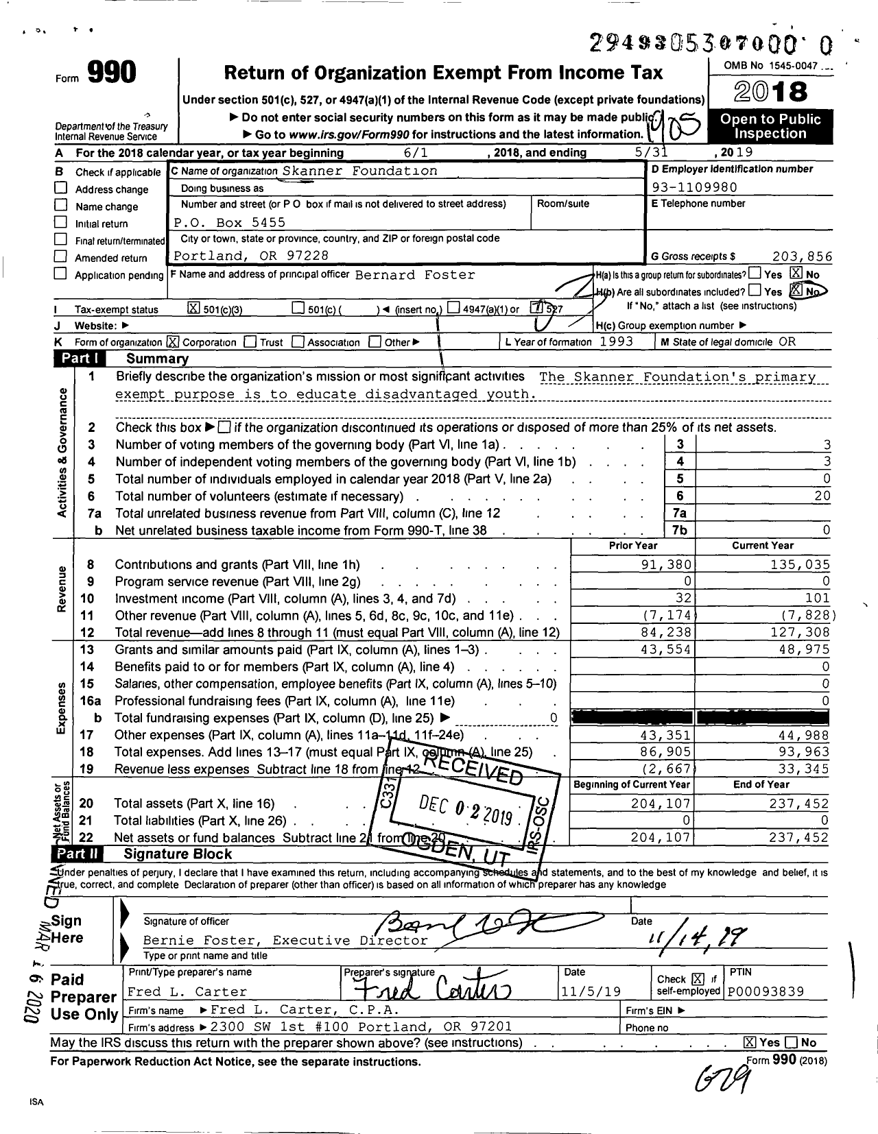 Image of first page of 2018 Form 990 for Skanner Foundation