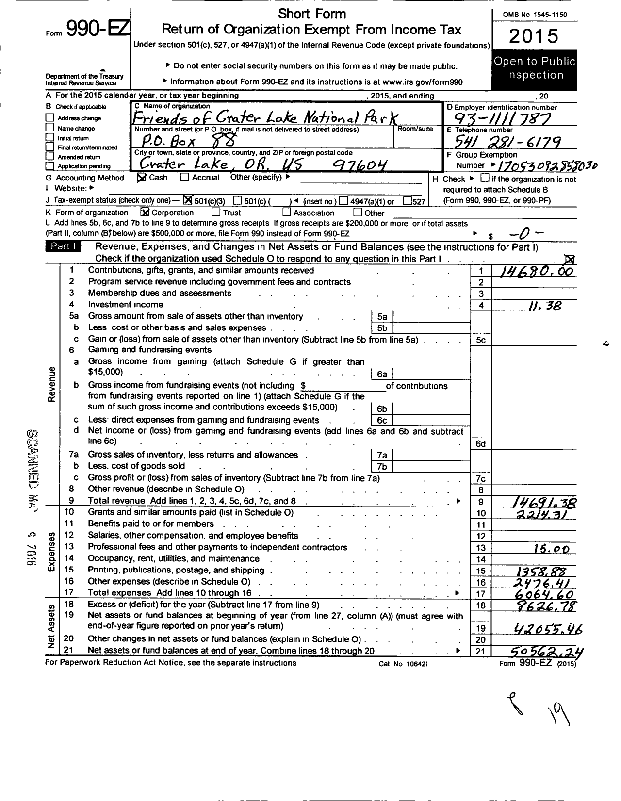 Image of first page of 2015 Form 990EZ for Friends of Crater Lake National Park