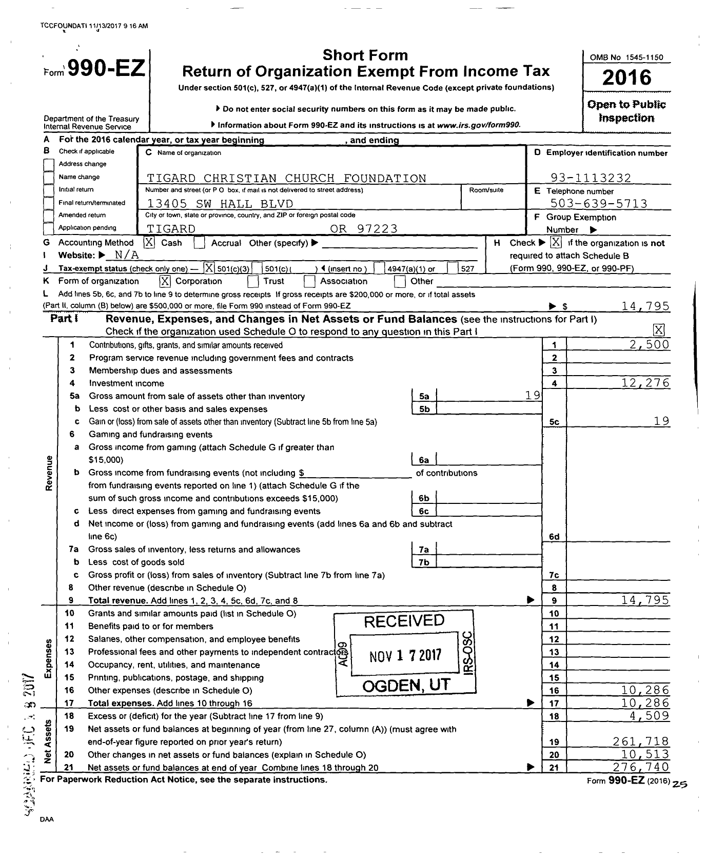 Image of first page of 2016 Form 990EZ for Tigard Christian Church Foundation Northwest Christian Church Foundation