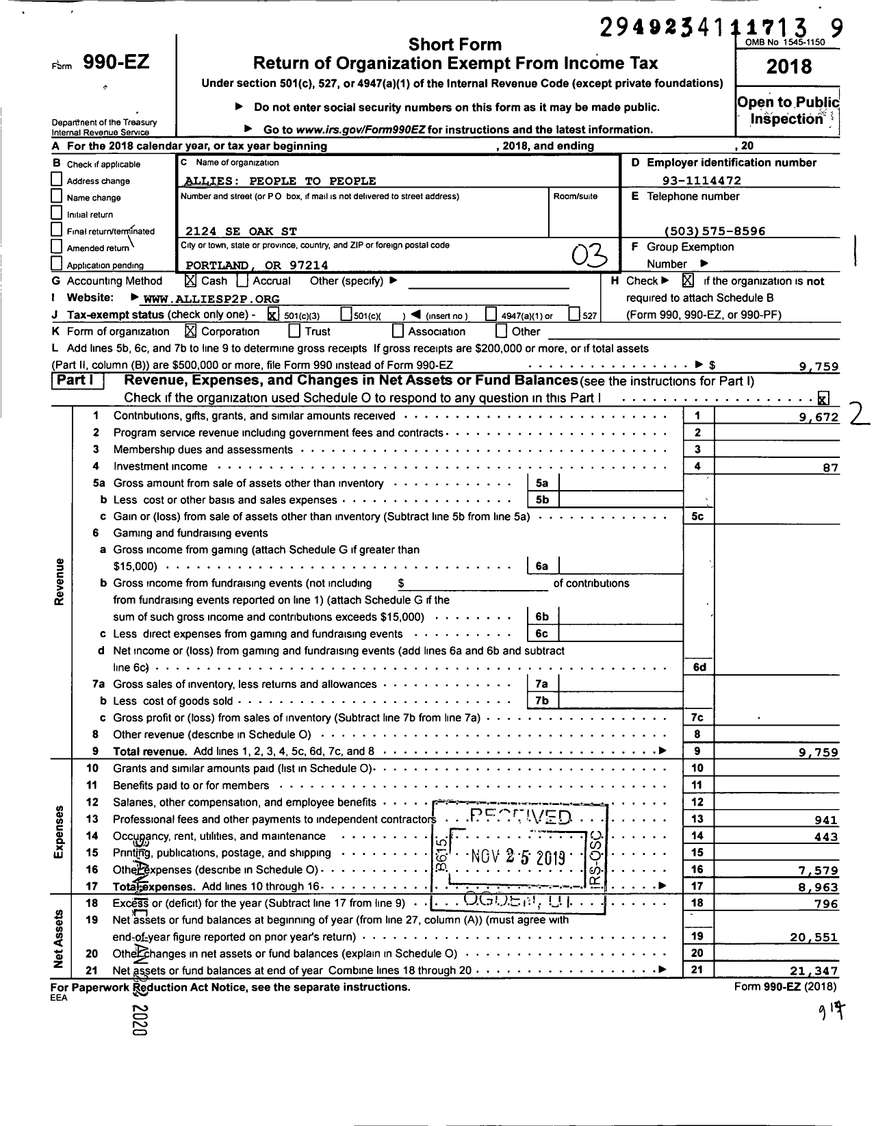 Image of first page of 2018 Form 990EZ for Allies-People To People