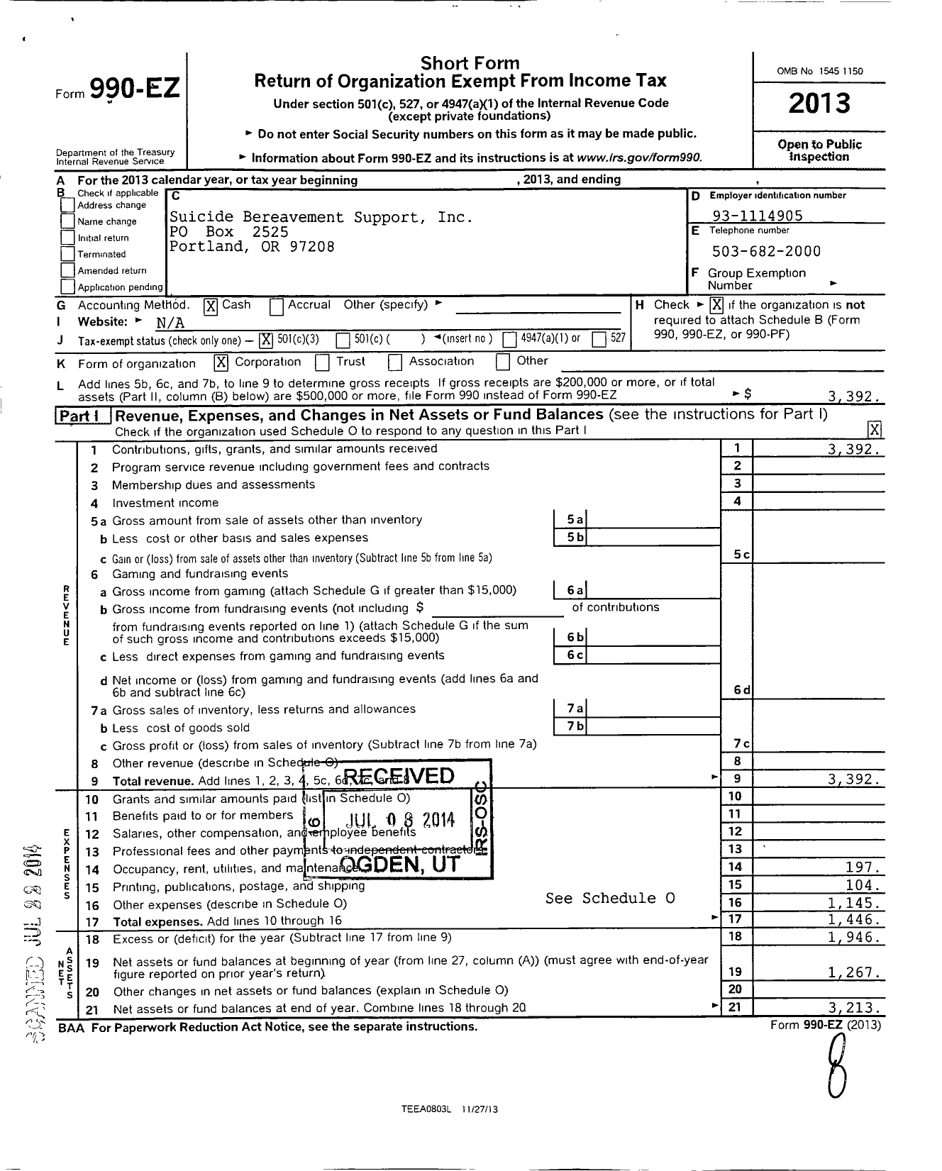 Image of first page of 2013 Form 990EZ for Suicide Bereavement Support (SBS)