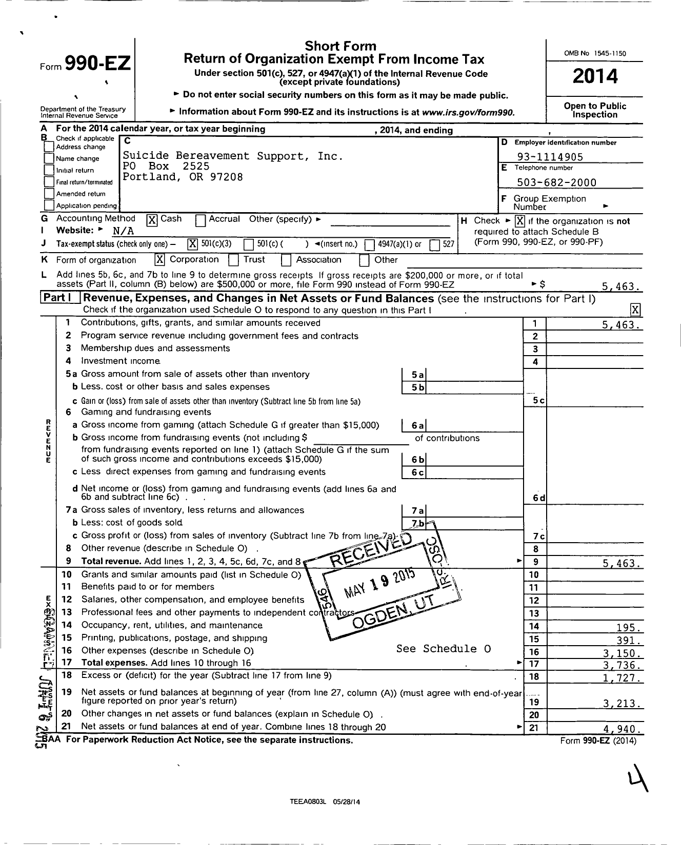 Image of first page of 2014 Form 990EZ for Suicide Bereavement Support (SBS)