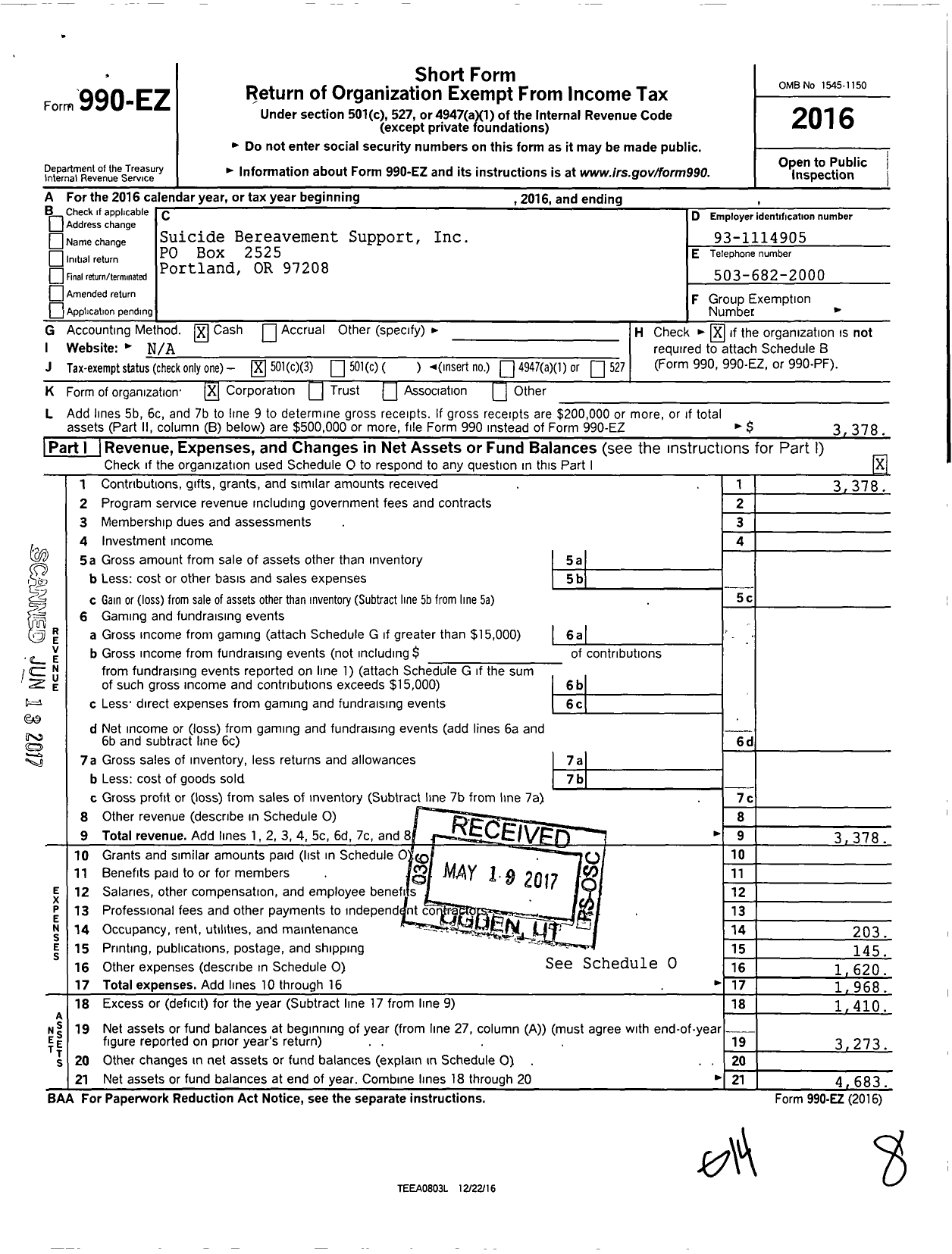 Image of first page of 2016 Form 990EZ for Suicide Bereavement Support (SBS)