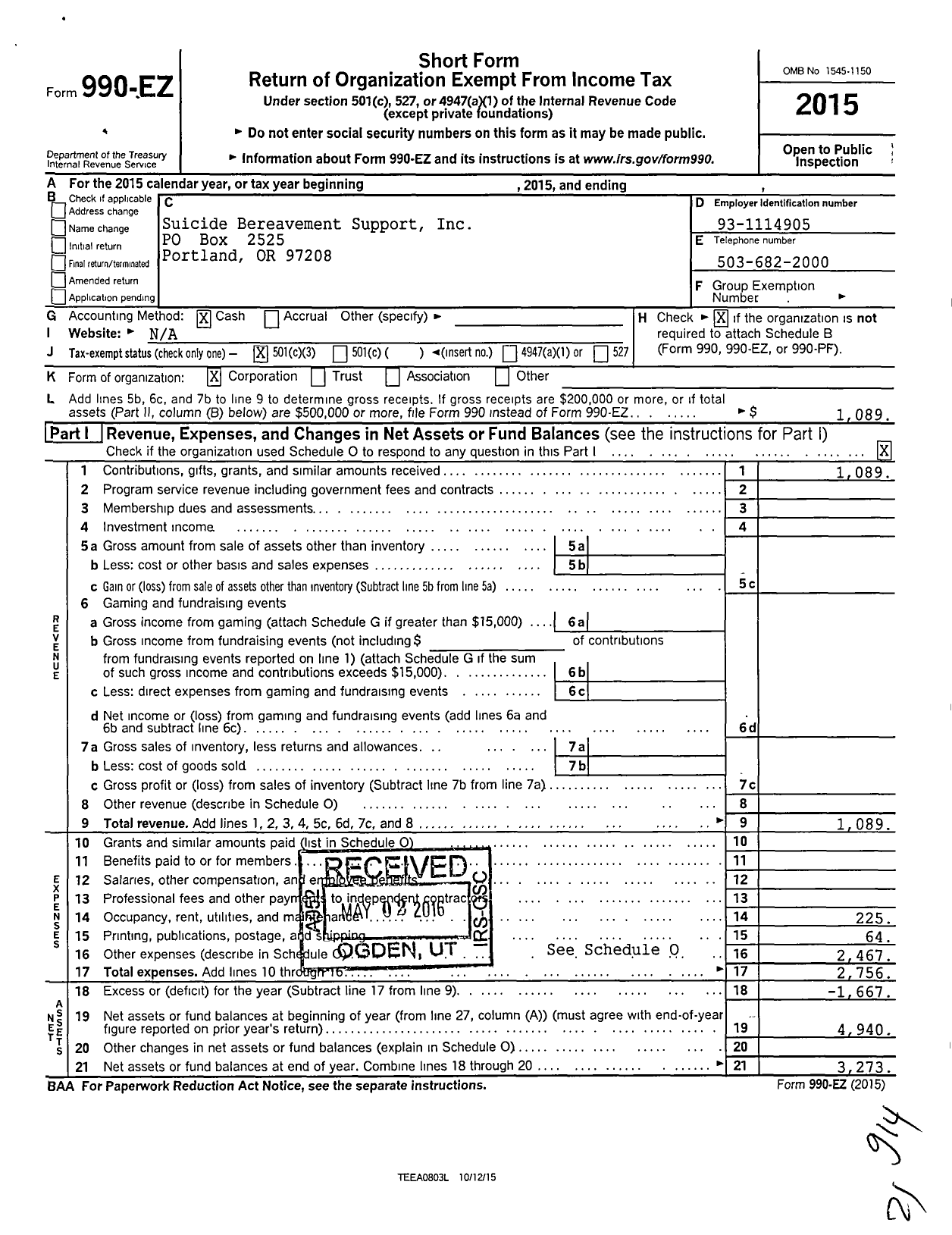 Image of first page of 2015 Form 990EZ for Suicide Bereavement Support (SBS)