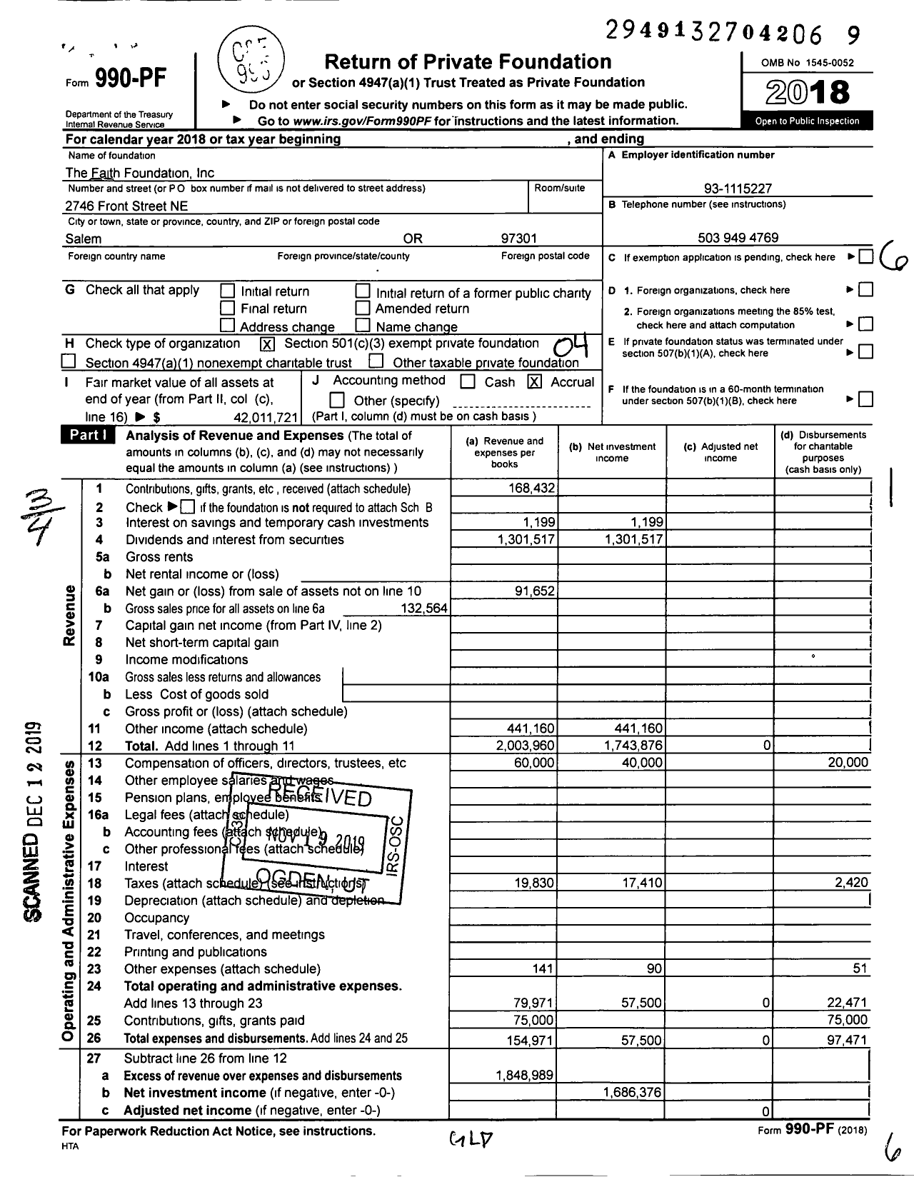 Image of first page of 2018 Form 990PF for The Faith Foundation