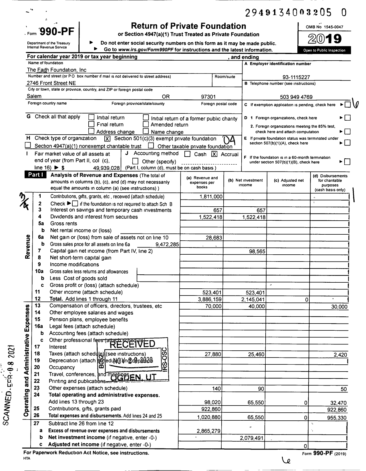 Image of first page of 2019 Form 990PF for The Faith Foundation