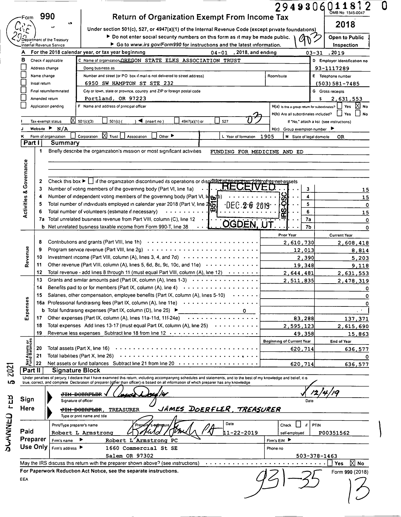 Image of first page of 2018 Form 990 for Oregon Elks Association Trust