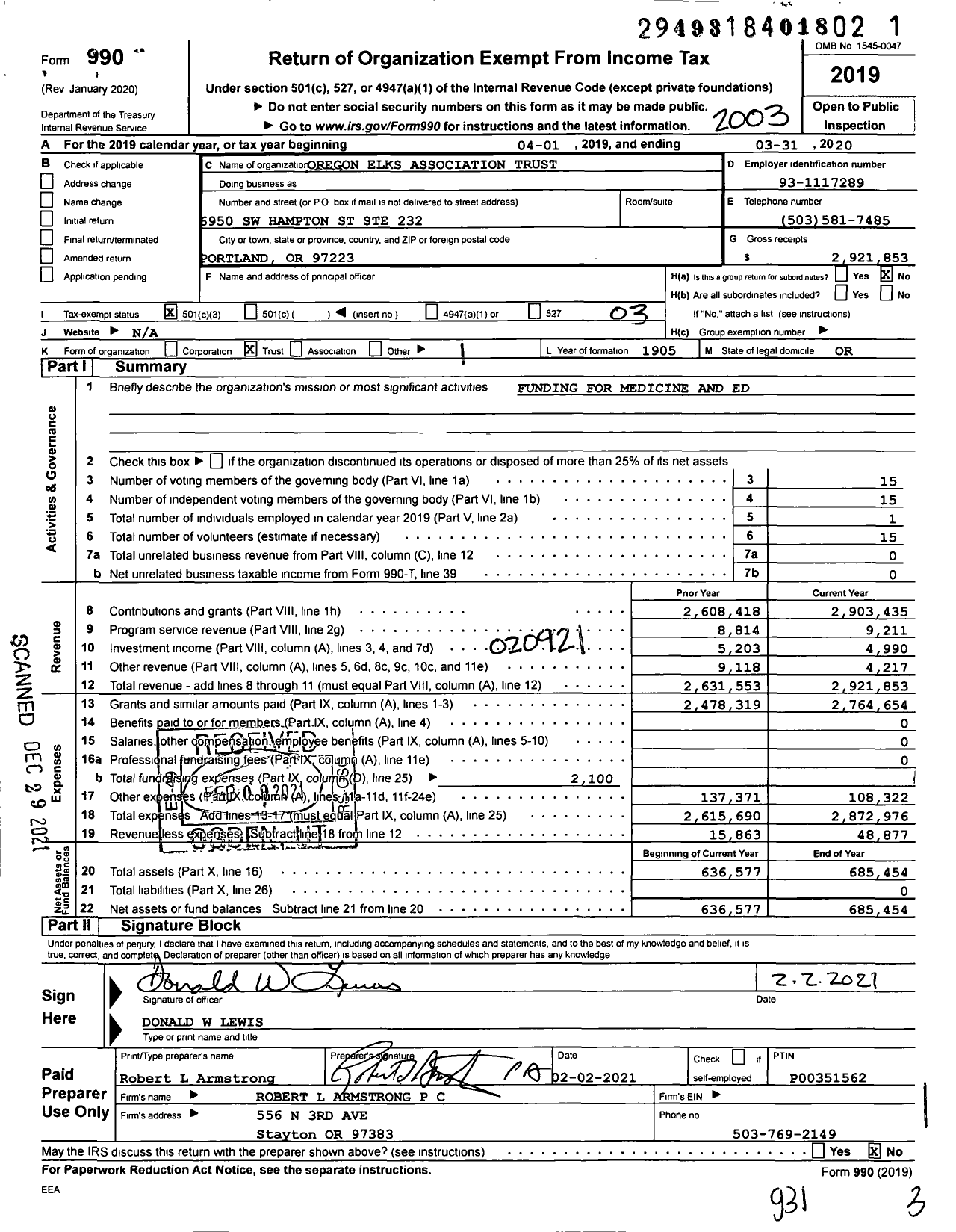 Image of first page of 2019 Form 990 for Oregon Elks Association Trust