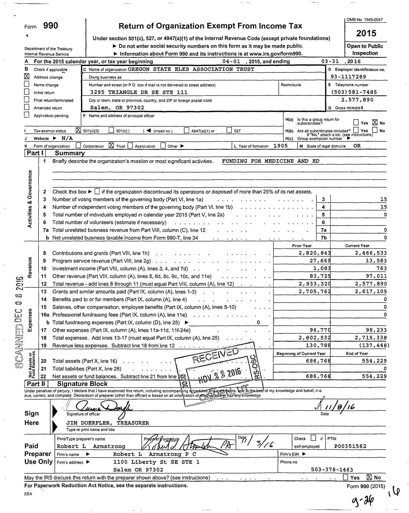 Image of first page of 2015 Form 990 for Oregon Elks Association Trust