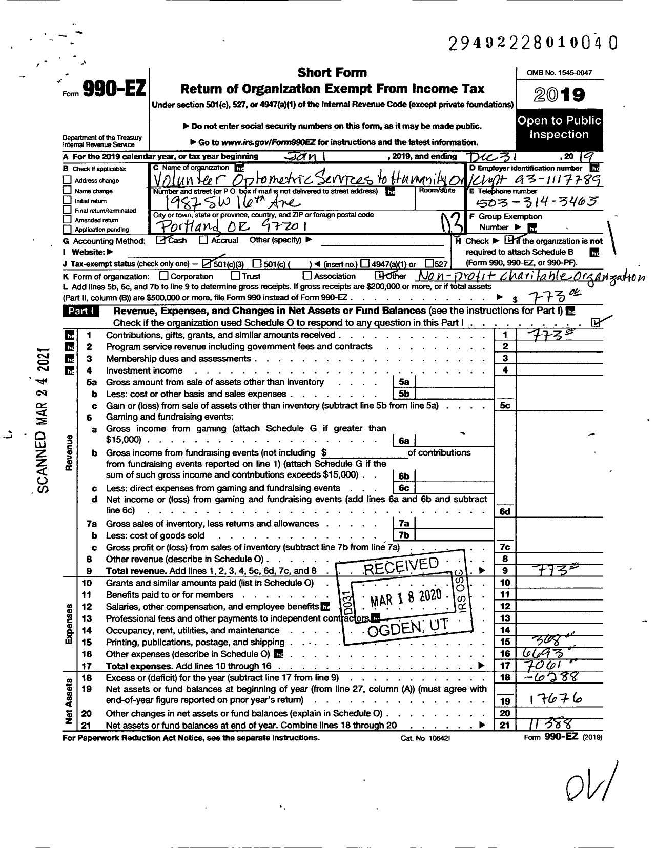 Image of first page of 2019 Form 990EZ for Volunteer Optometric Services To Humanity Oregon