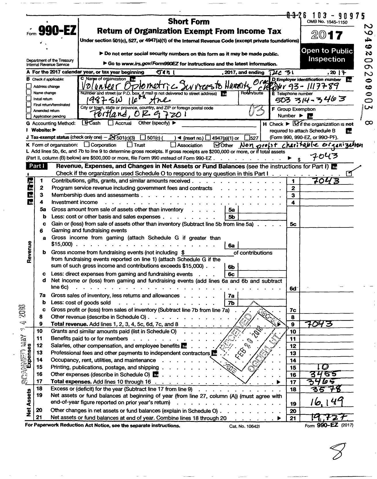 Image of first page of 2017 Form 990EZ for Volunteer Optometric Services To Humanity Oregon