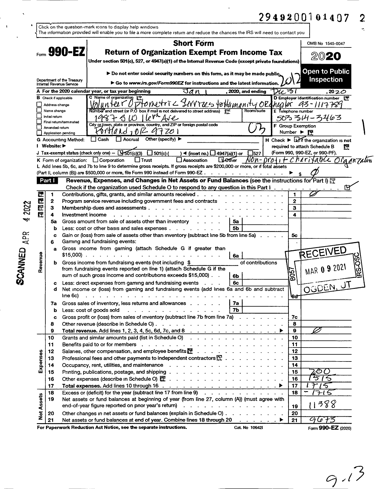 Image of first page of 2020 Form 990EZ for Volunteer Optometric Services To Humanity Oregon