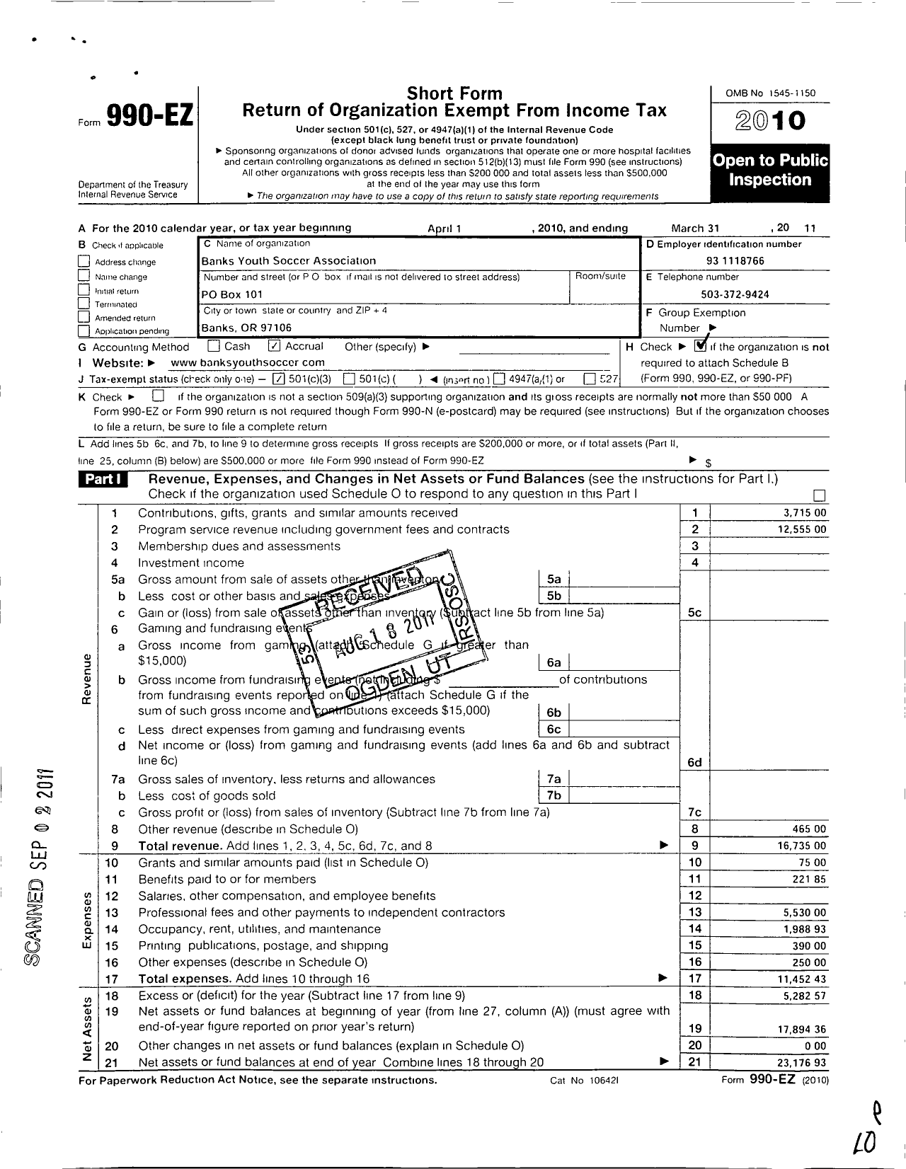 Image of first page of 2010 Form 990EZ for Banks Youth Soccer Association