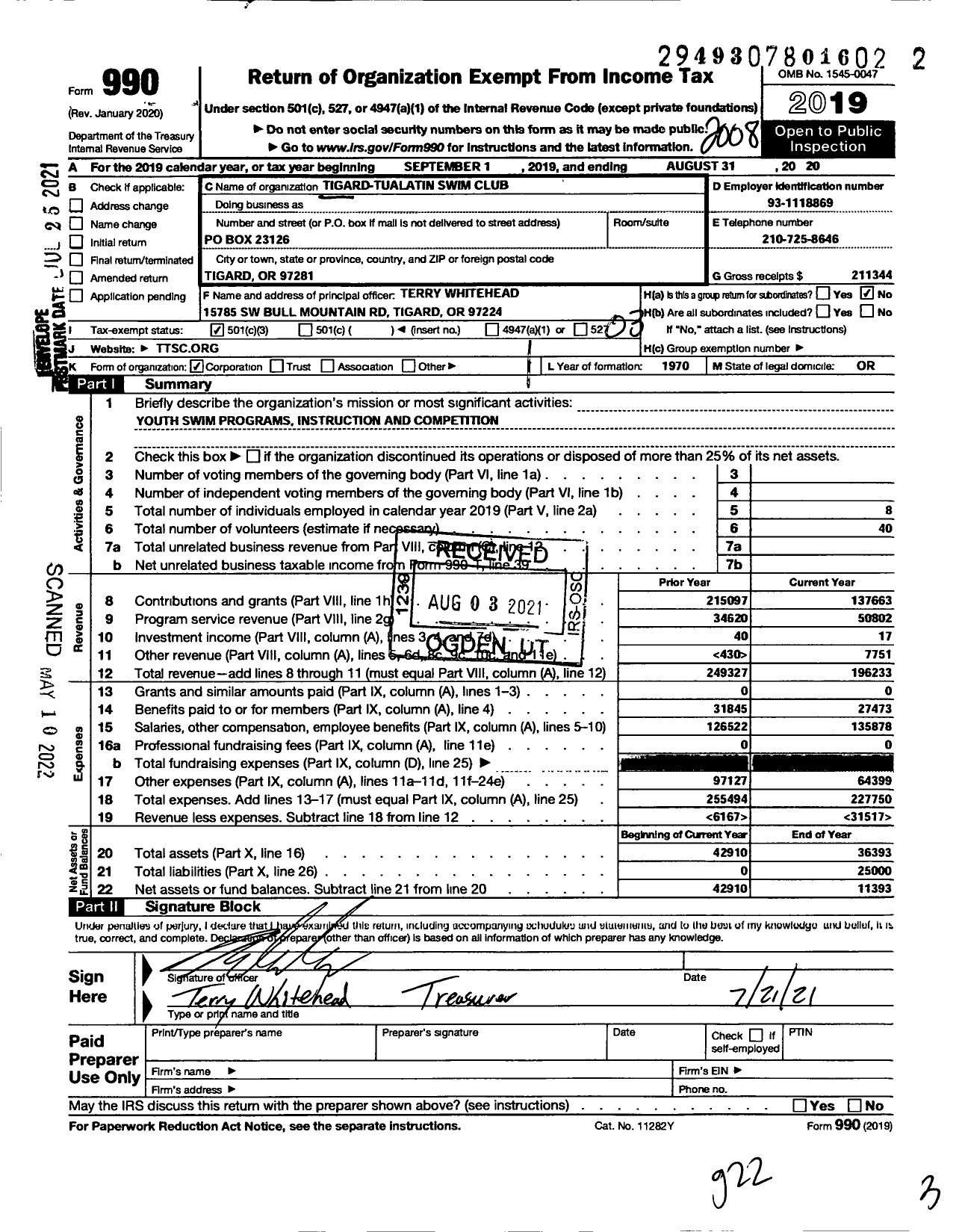 Image of first page of 2019 Form 990 for Tigard-Tualatin Swim Club