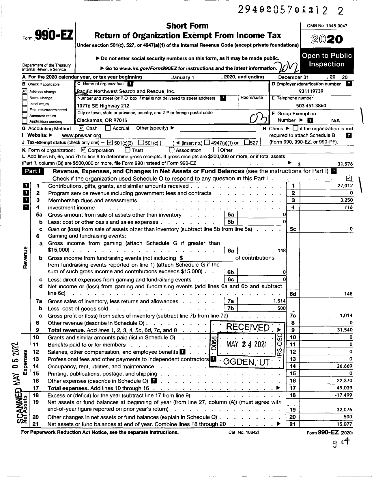 Image of first page of 2020 Form 990EZ for Pacific Northwest Search and Rescue