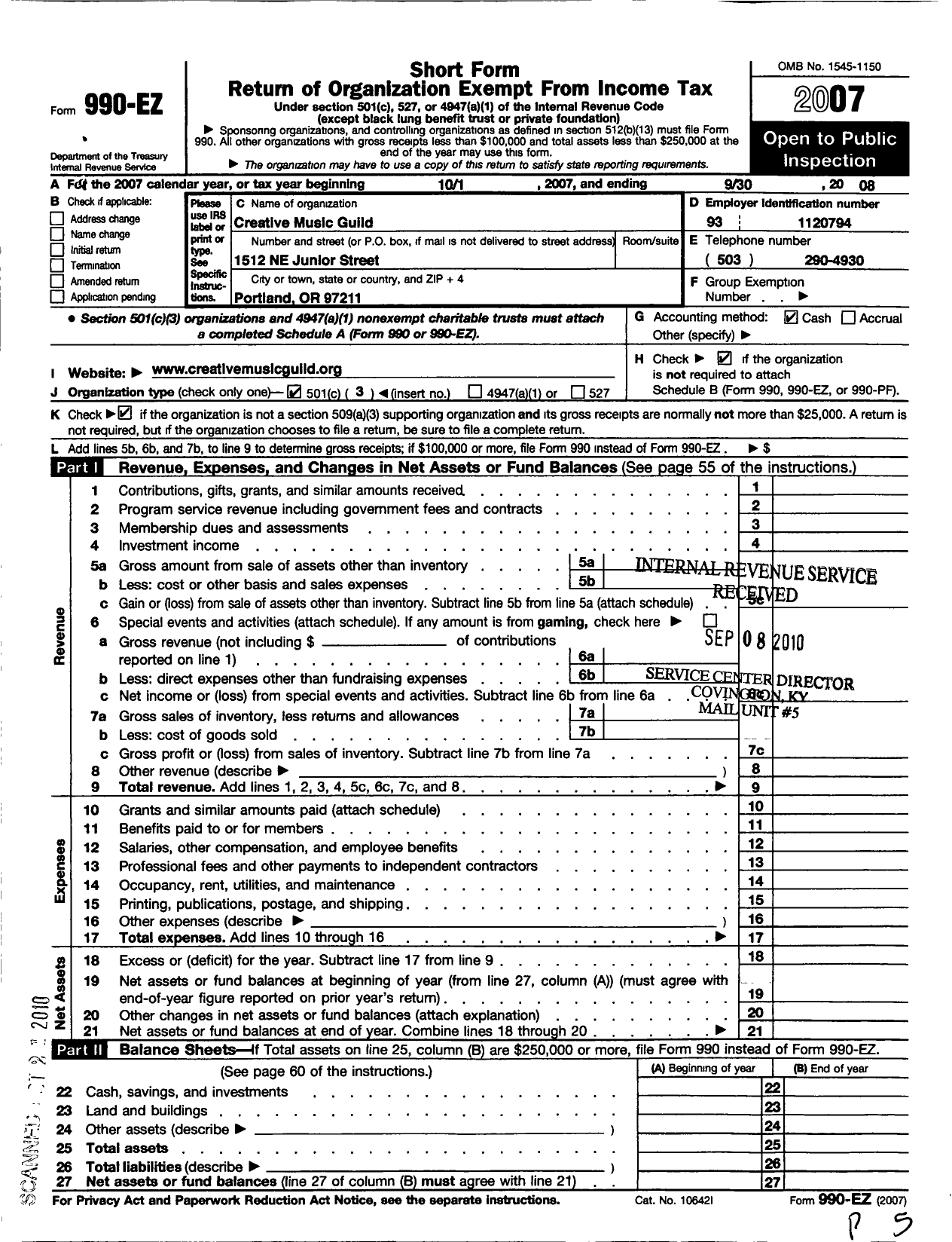 Image of first page of 2007 Form 990EZ for Creative Music Guild