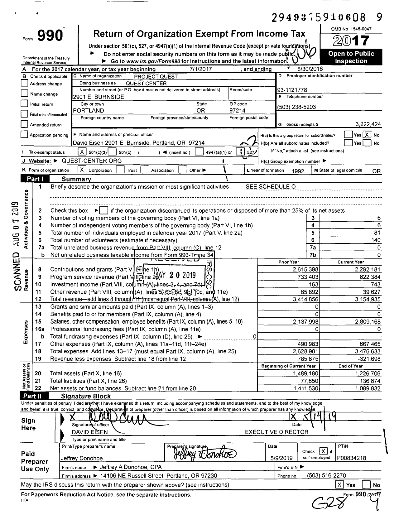 Image of first page of 2017 Form 990 for Quest Center