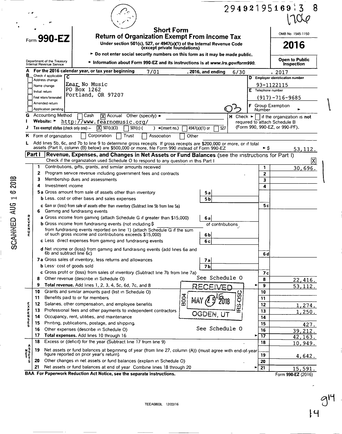 Image of first page of 2016 Form 990EZ for Fear No Music