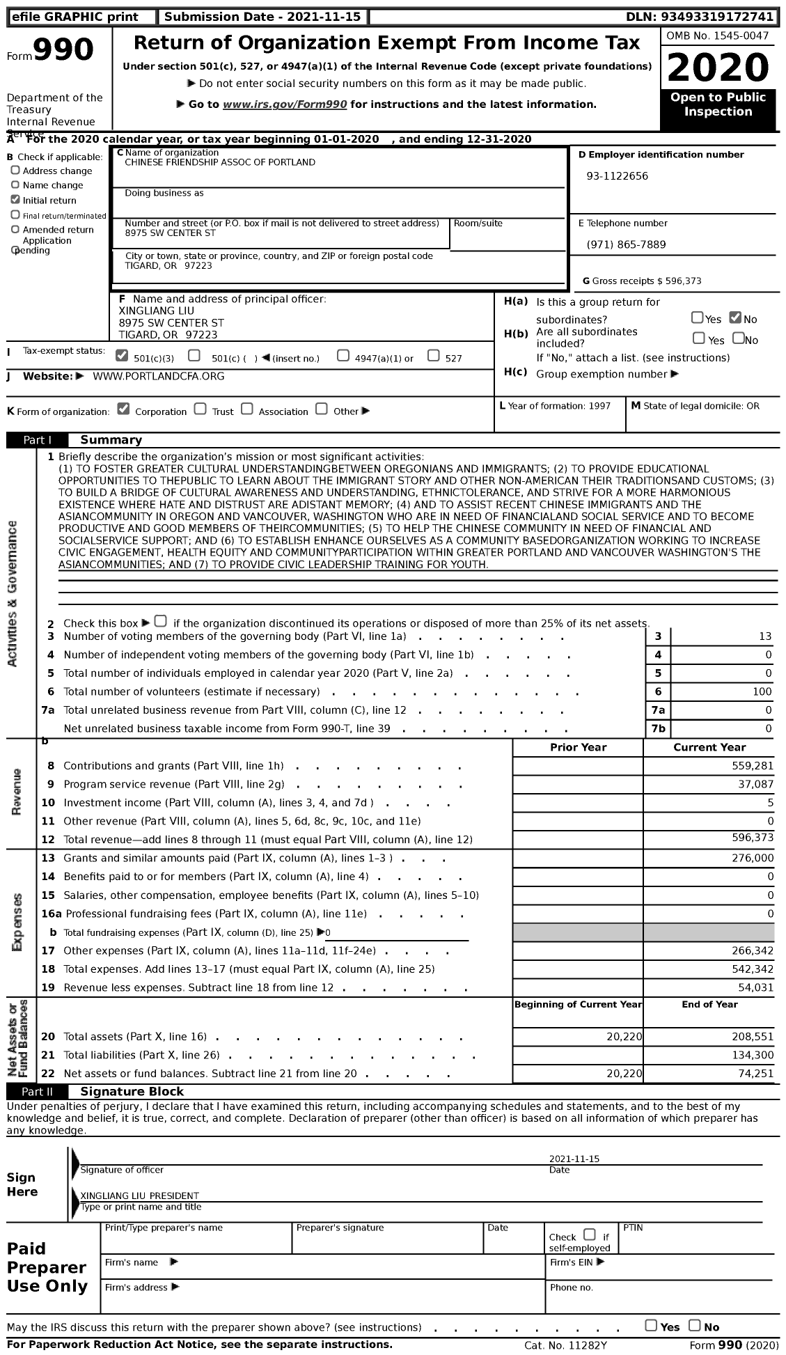 Image of first page of 2020 Form 990 for Chinese Friendship Association of Portland