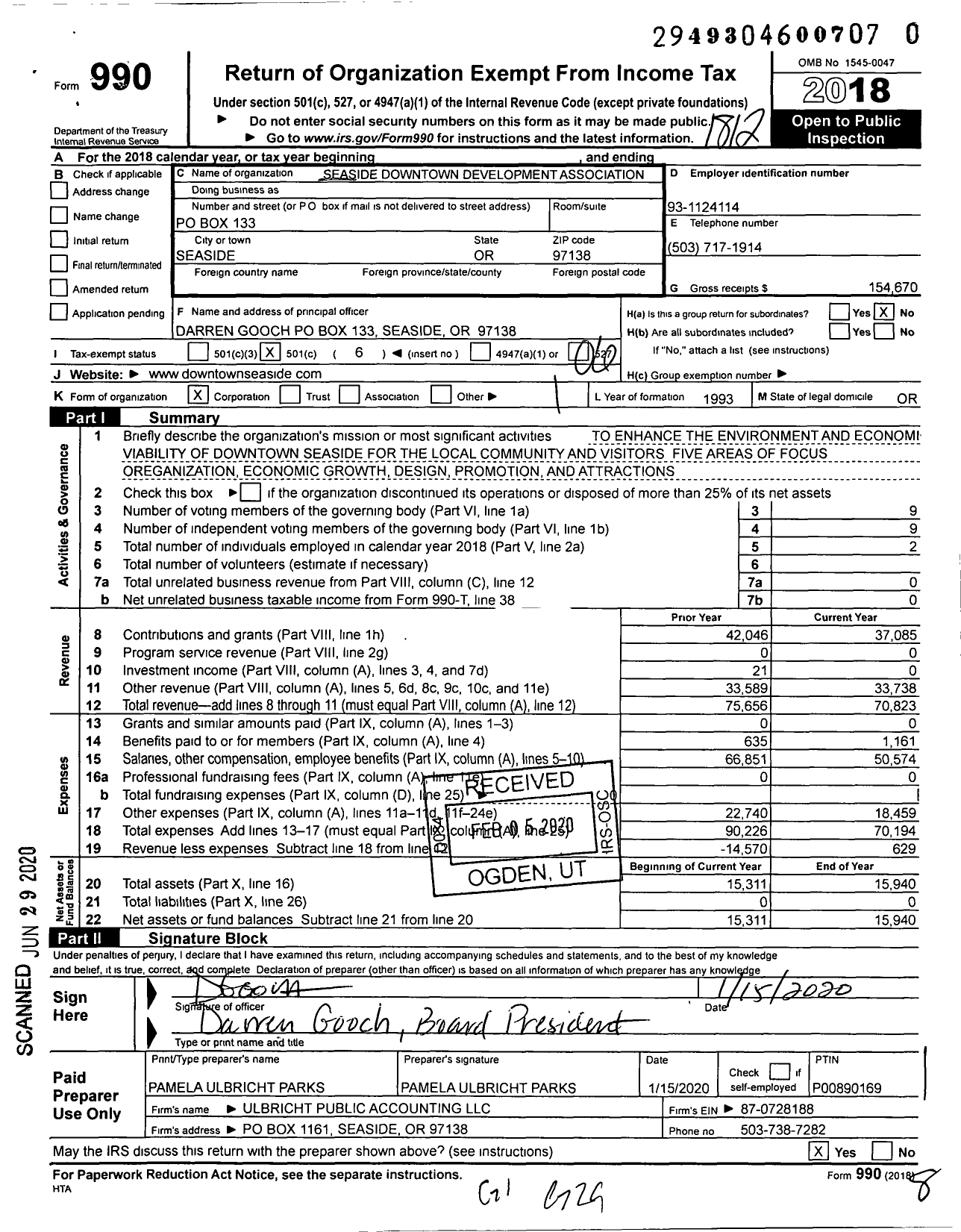 Image of first page of 2018 Form 990O for Seaside Downtown Development Association