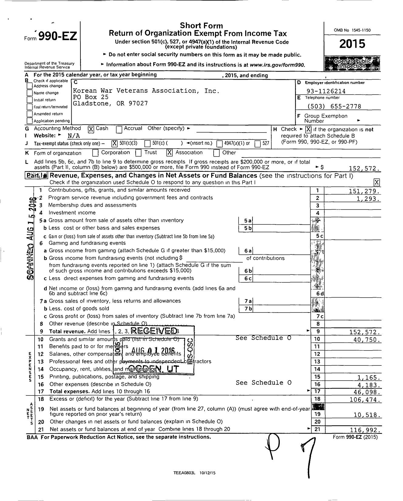 Image of first page of 2015 Form 990EZ for Oregon Trail Chapter Korean War Veterans Association