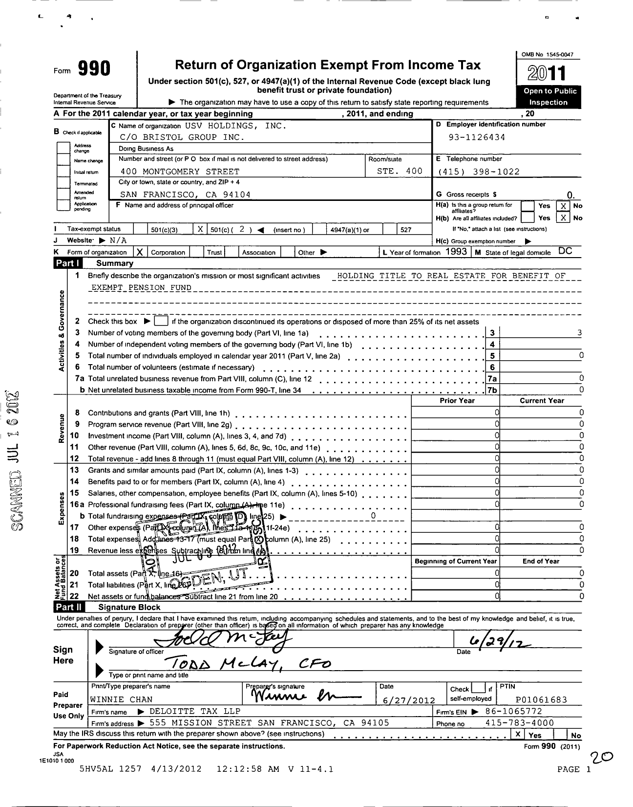 Image of first page of 2011 Form 990O for Usv Holdings