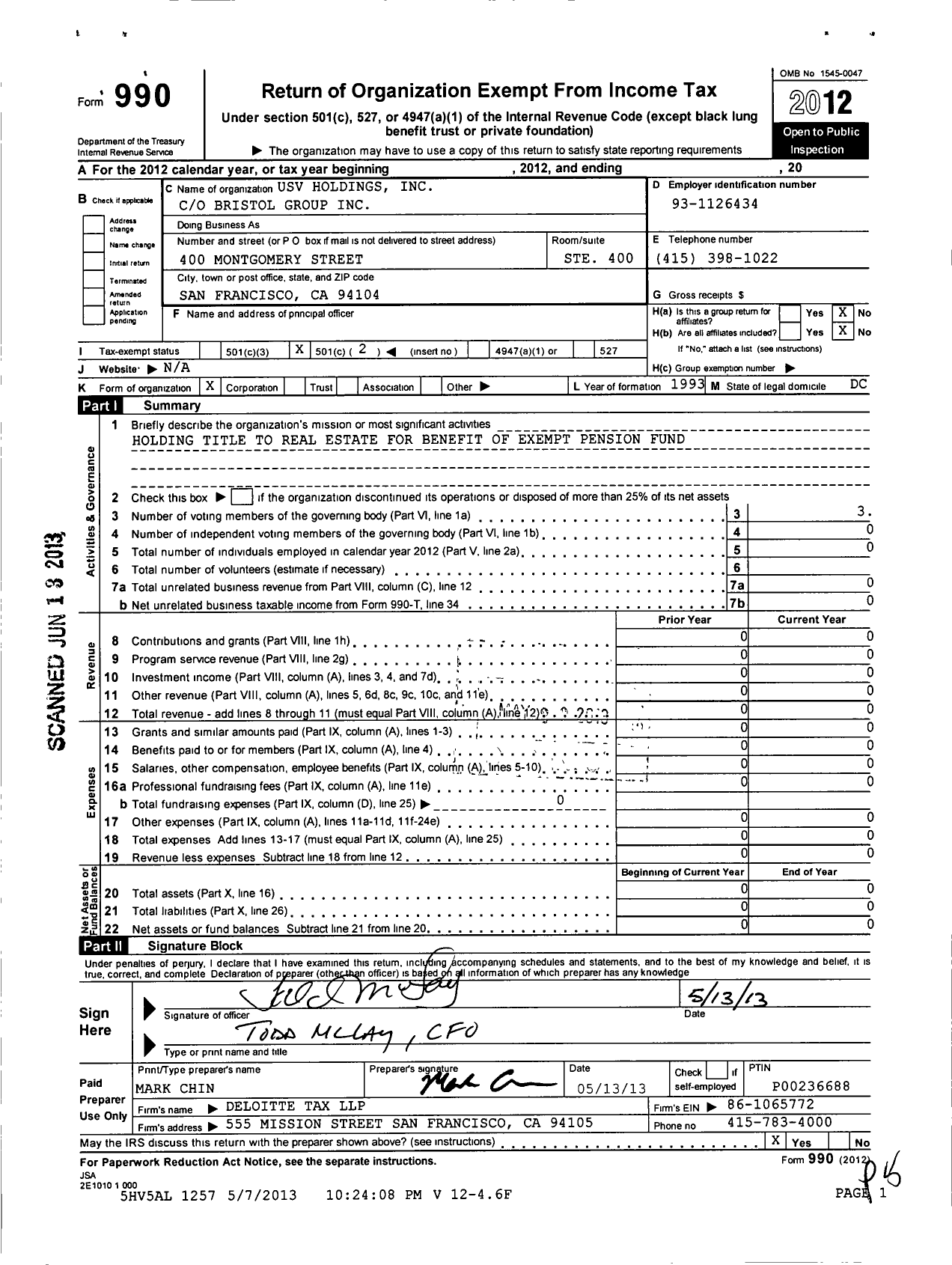 Image of first page of 2012 Form 990O for Usv Holdings