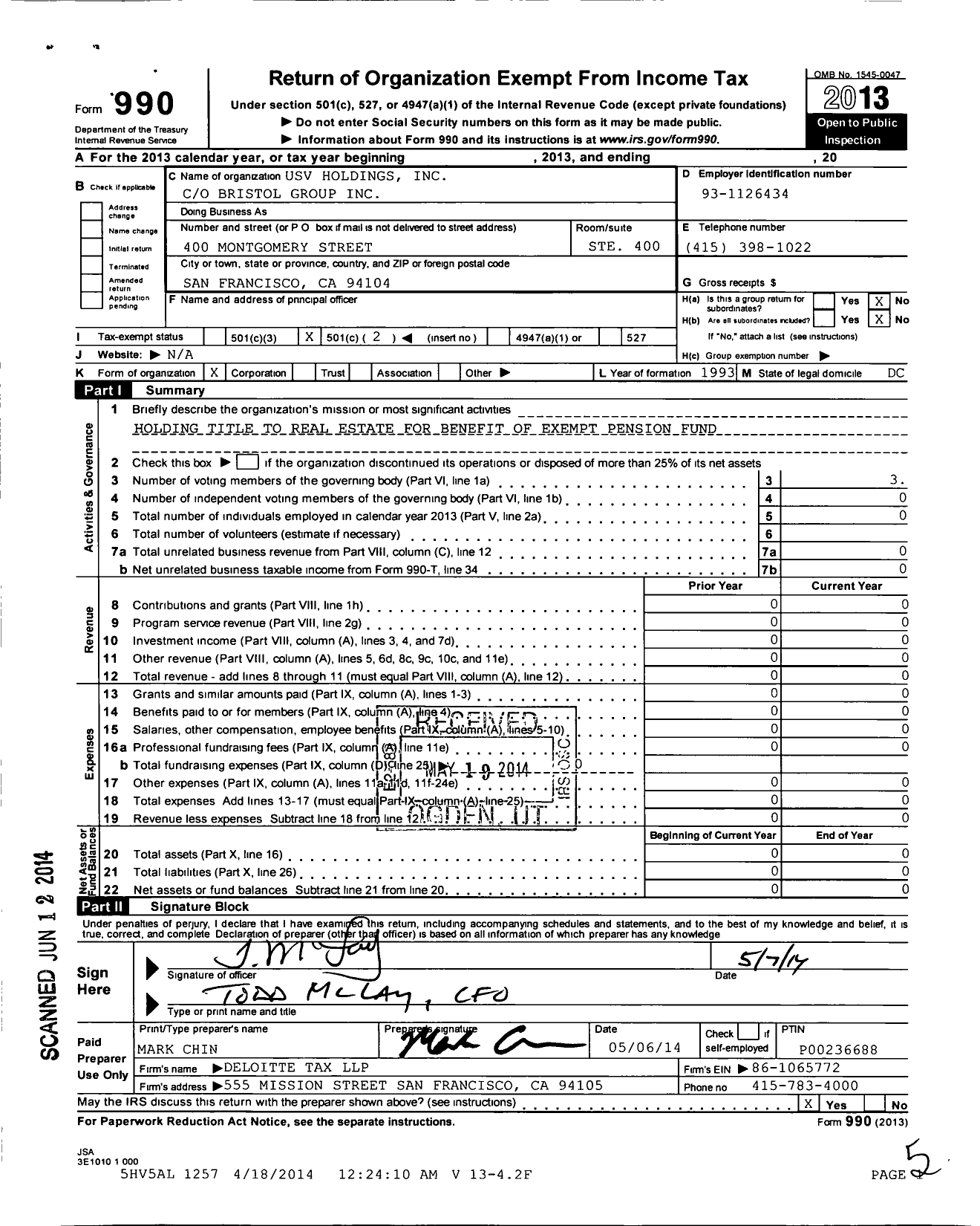 Image of first page of 2013 Form 990O for Usv Holdings