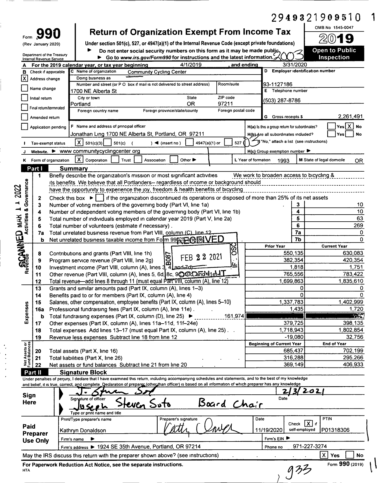 Image of first page of 2019 Form 990 for Community Cycling Center