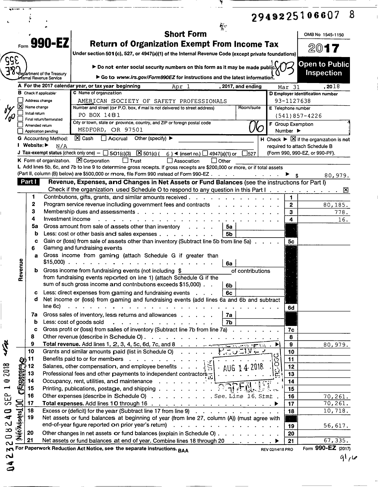 Image of first page of 2017 Form 990EO for American Society of Safety Professionals / Southern Oregon Chapter