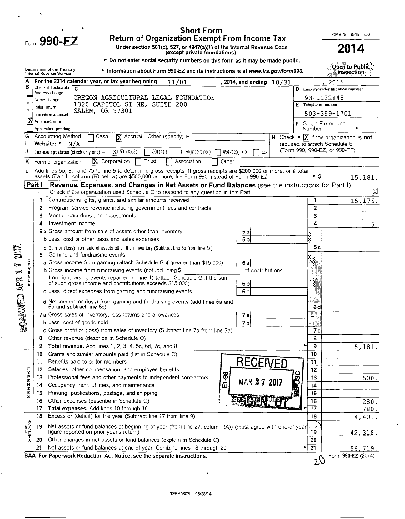 Image of first page of 2014 Form 990EZ for Oregon Agricultural Legal Foundation