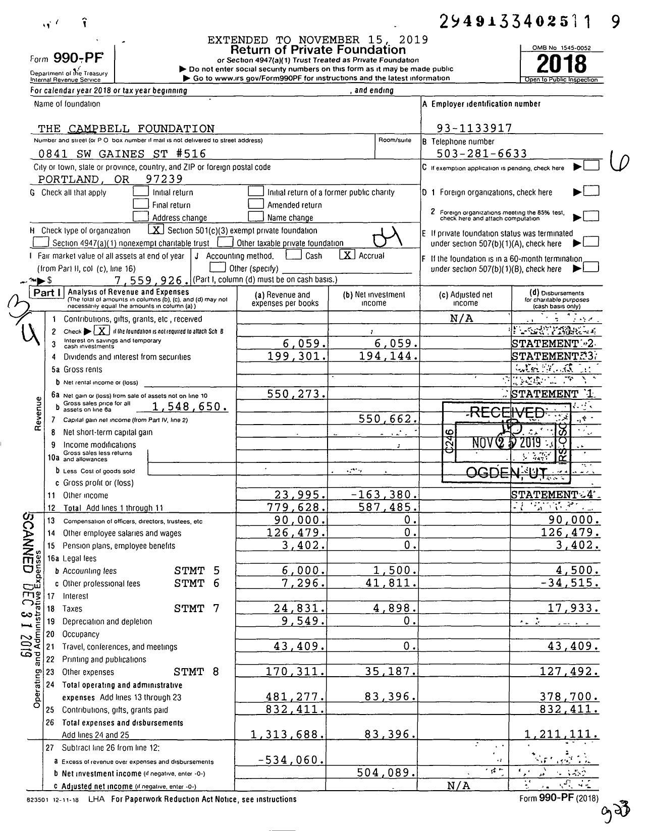 Image of first page of 2018 Form 990PF for The Campbell Foundation