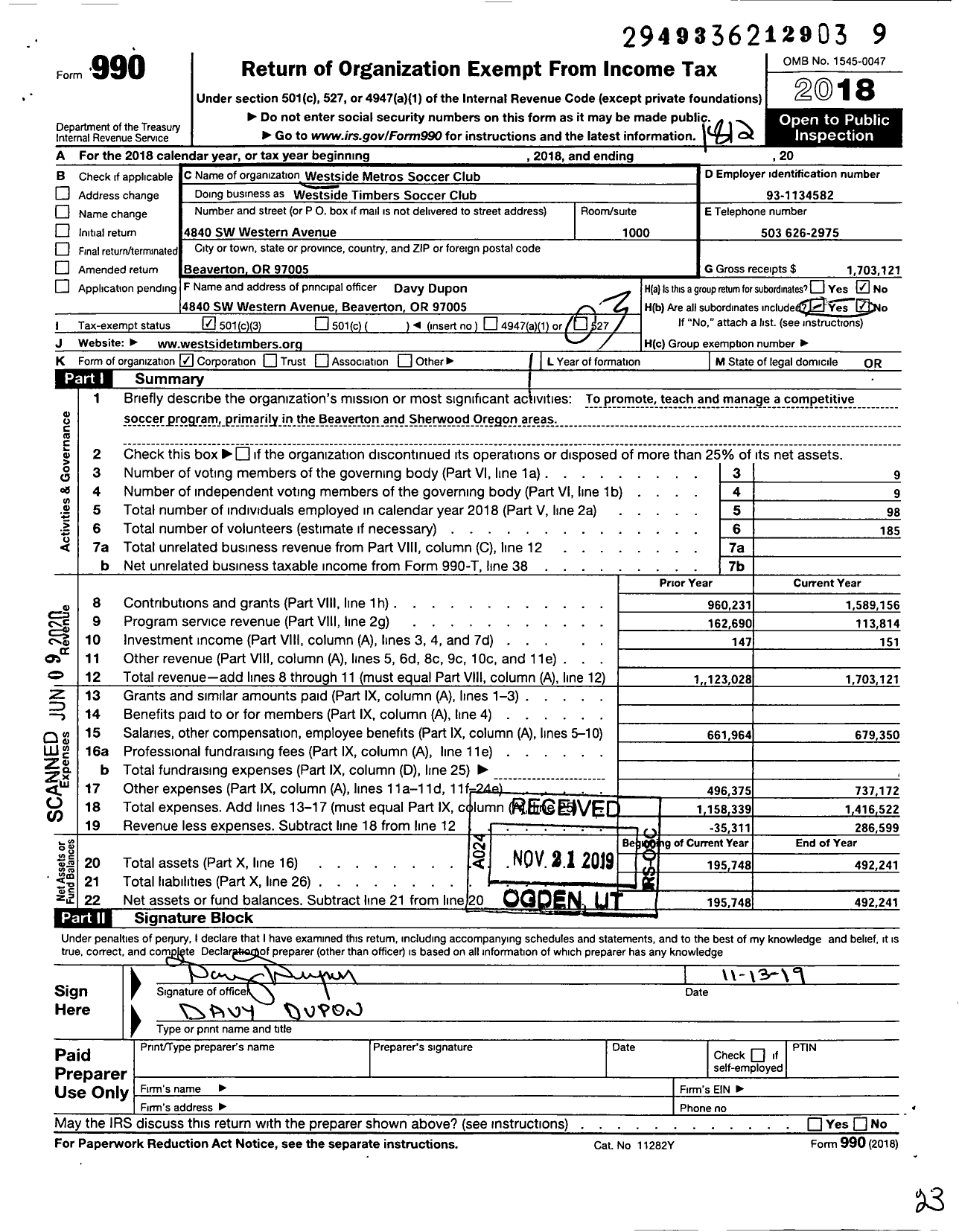 Image of first page of 2018 Form 990 for Westside Metros Soccer Club