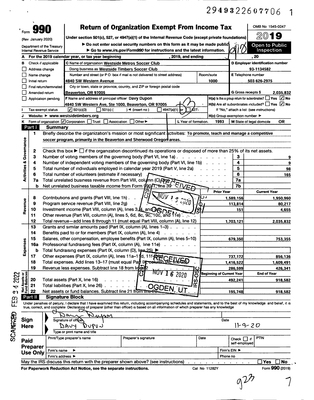 Image of first page of 2019 Form 990 for Westside Metros Soccer Club